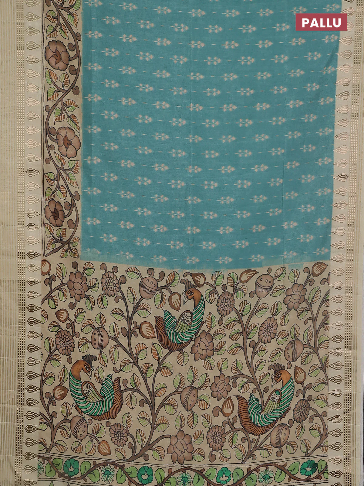Semi tussar saree teal green shade and cream with ikat butta prints and zari woven border - Image 3