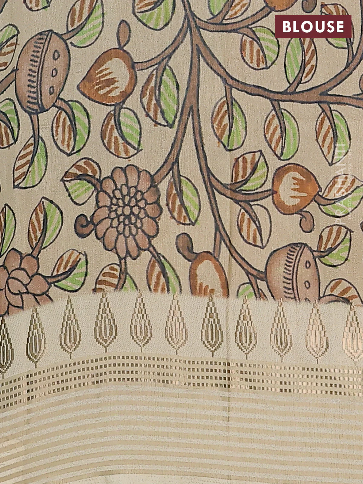 Semi tussar saree teal green shade and cream with ikat butta prints and zari woven border - Image 4