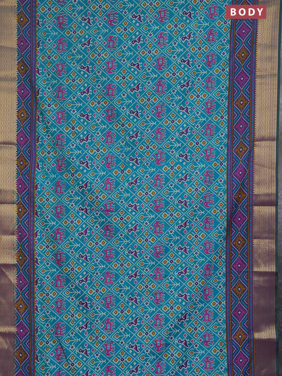 Semi tussar saree teal greenish blue and purple with allover ikat prints and zari woven border - Image 2