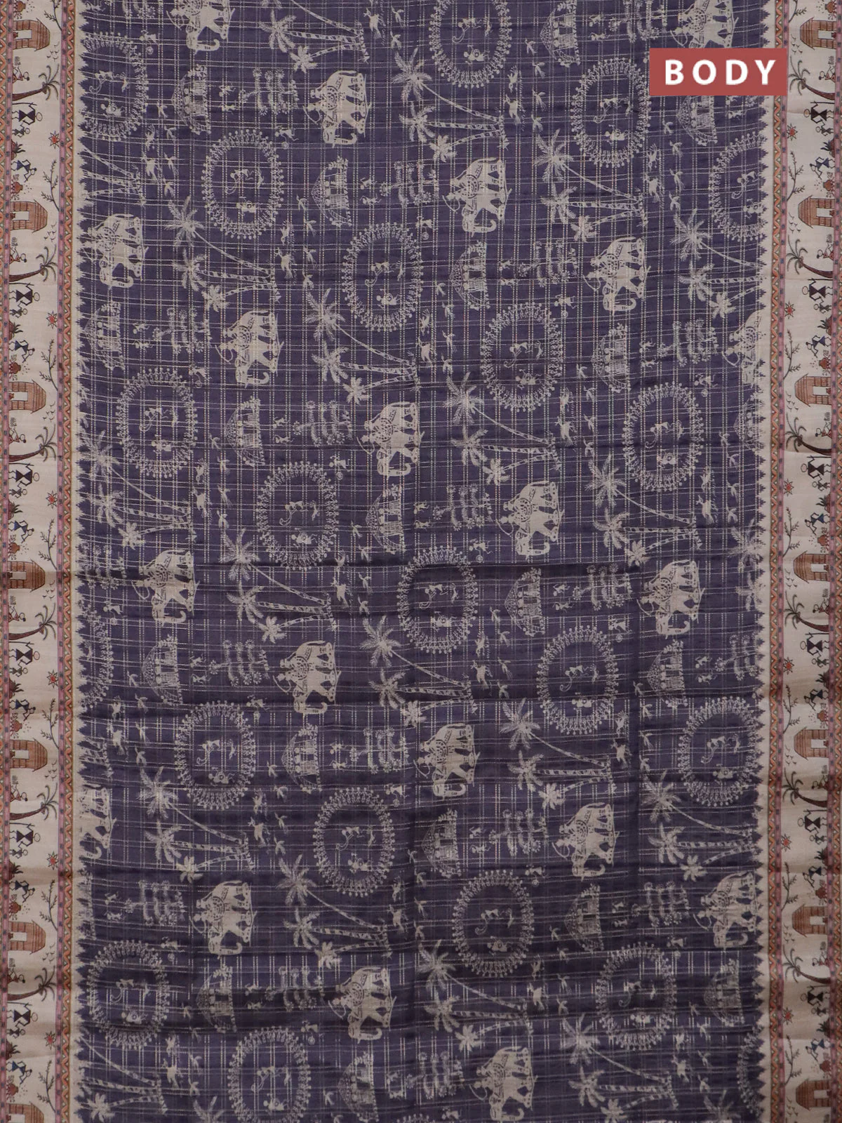 Semi tussar saree violet and cream with allover zari checks & warli prints  and printed border - Image 2