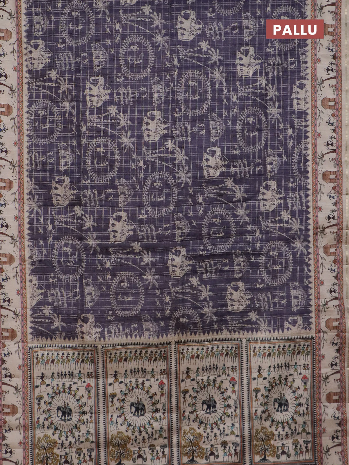 Semi tussar saree violet and cream with allover zari checks & warli prints  and printed border - Image 3