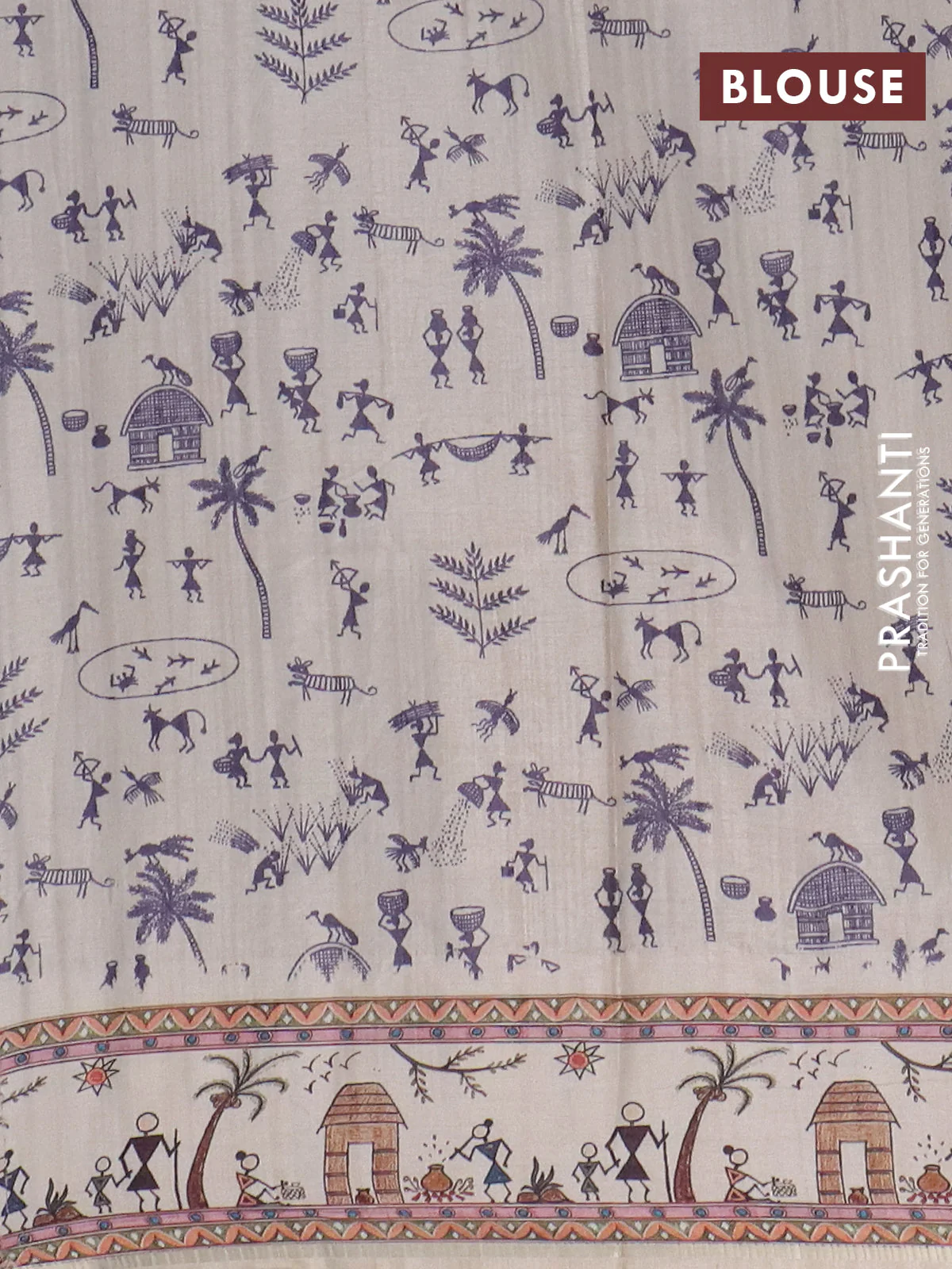 Semi tussar saree violet and cream with allover zari checks & warli prints  and printed border - Image 4