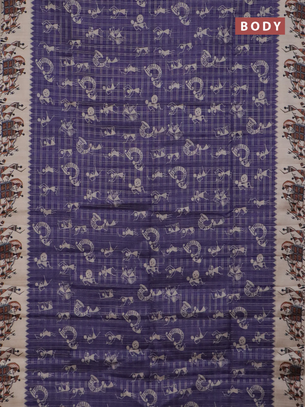 Semi tussar saree violet and cream with allover zari checks & warli prints  and printed border - Image 2