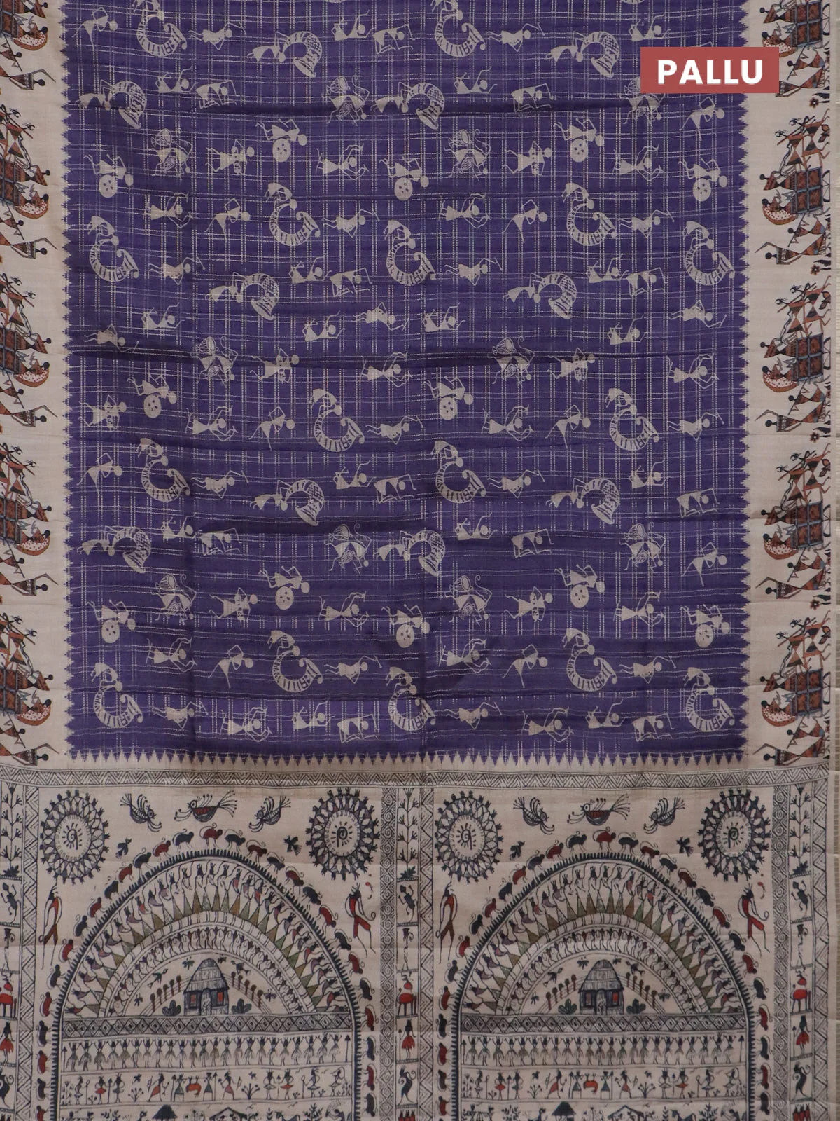 Semi tussar saree violet and cream with allover zari checks & warli prints  and printed border - Image 3