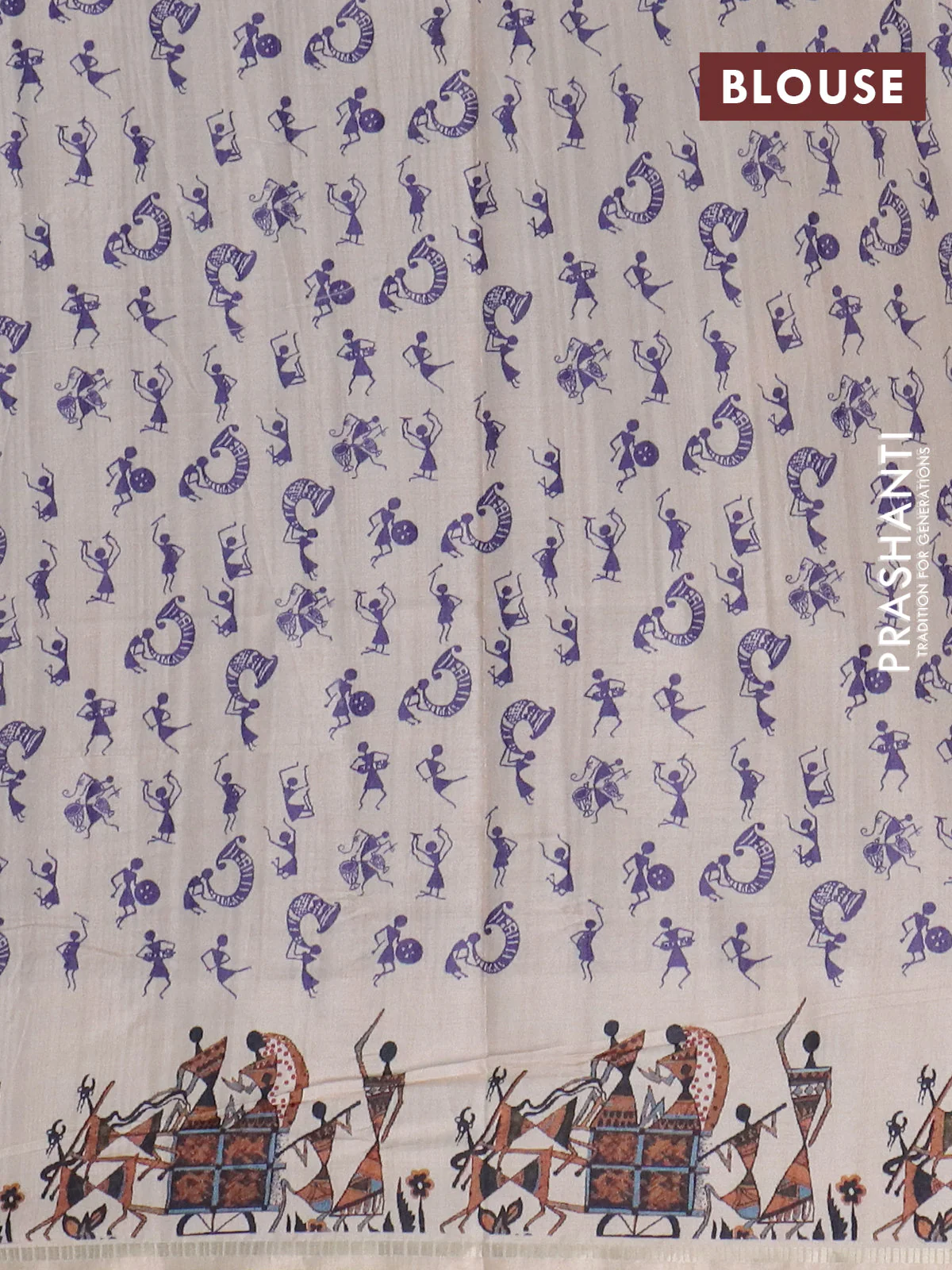 Semi tussar saree violet and cream with allover zari checks & warli prints  and printed border - Image 4