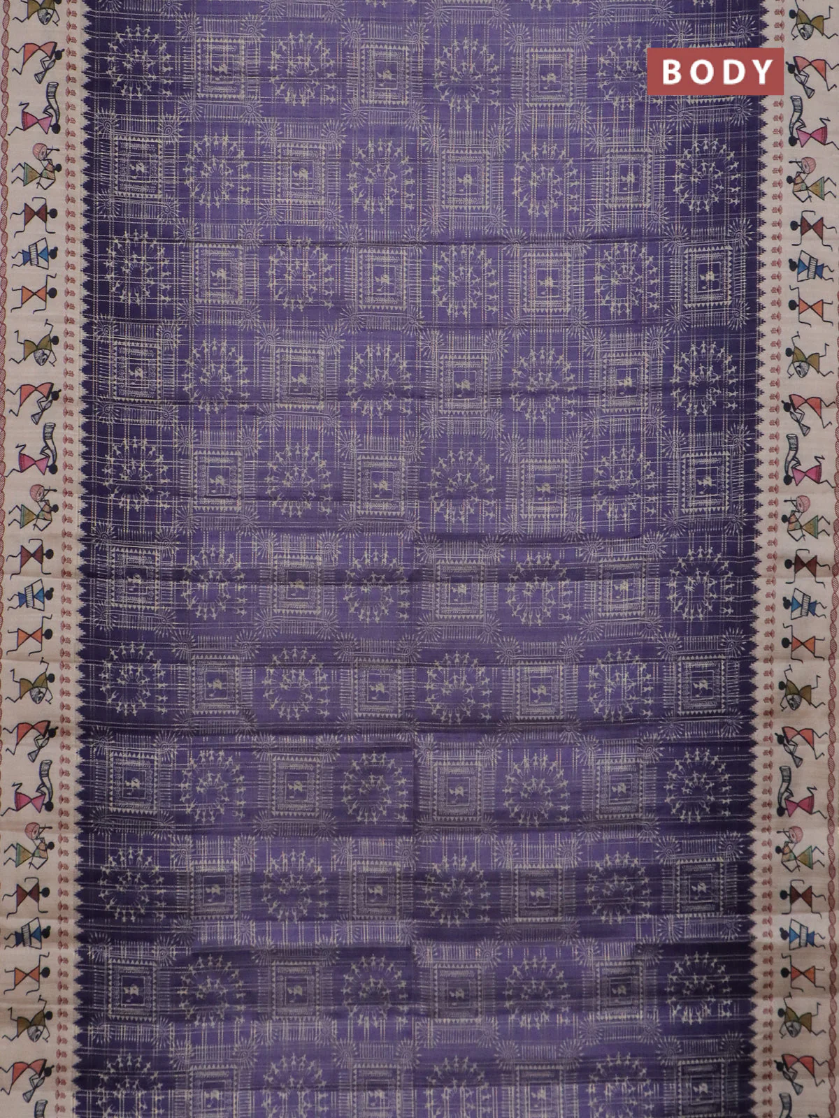 Semi tussar saree violet and cream with allover zari checks & warli prints  and printed border - Image 2