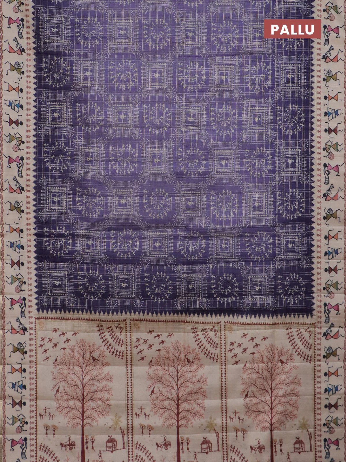 Semi tussar saree violet and cream with allover zari checks & warli prints  and printed border - Image 3