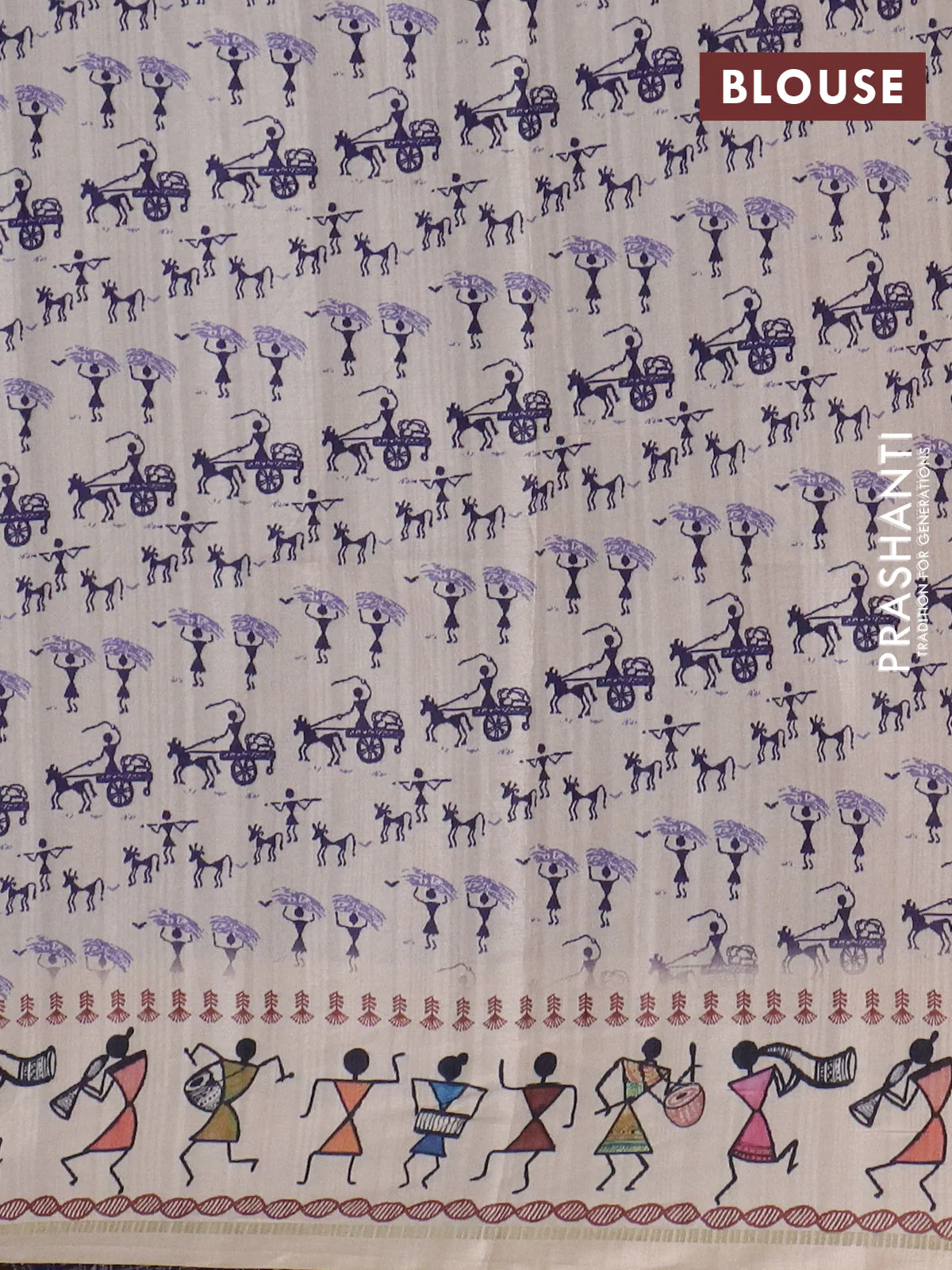 Semi tussar saree violet and cream with allover zari checks & warli prints  and printed border - Image 4