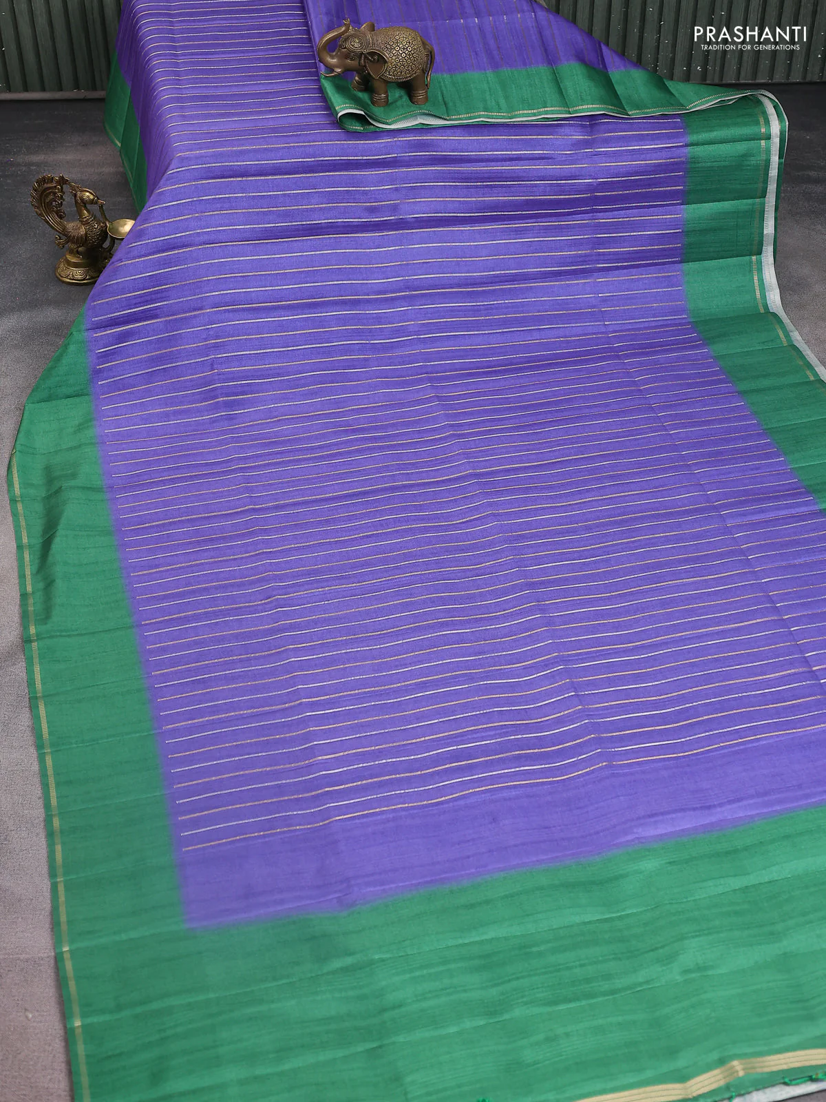 Semi tussar saree violet shade and green with allover silver & gold zari weaves and simple zari border - Image 2
