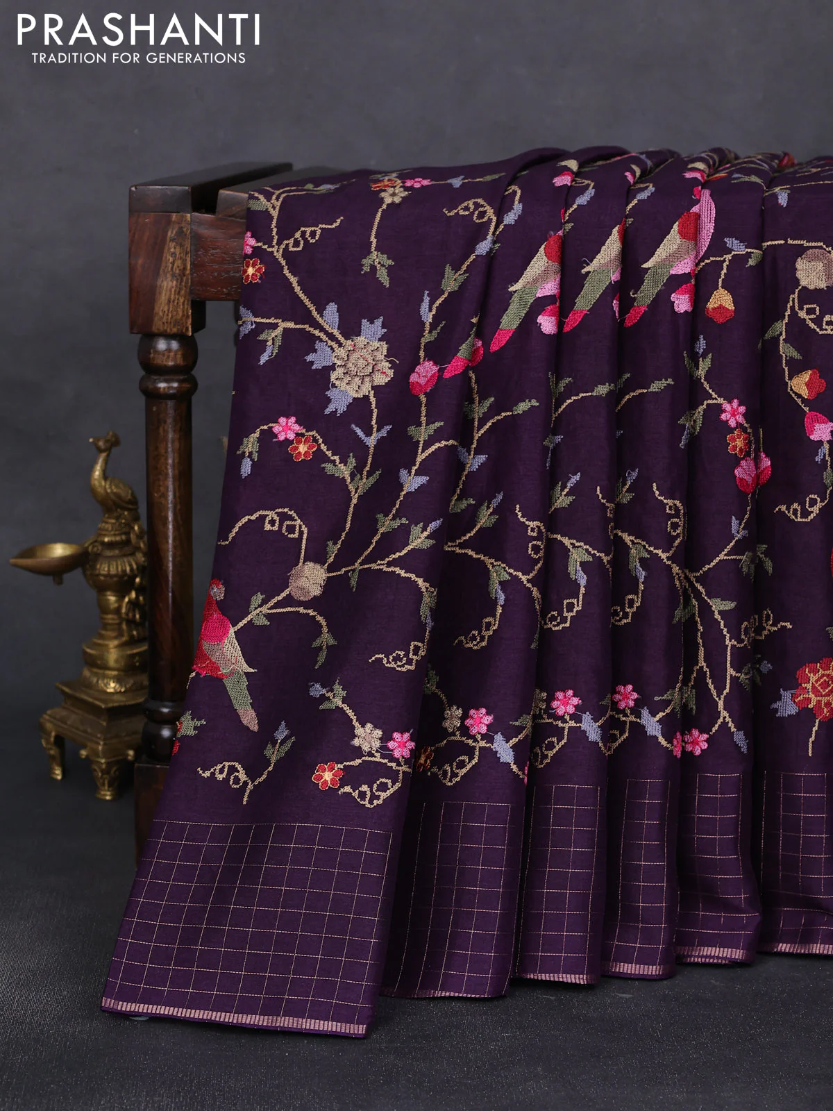 Semi tussar saree violet with allover embroidery design and zari woven border - Image 2