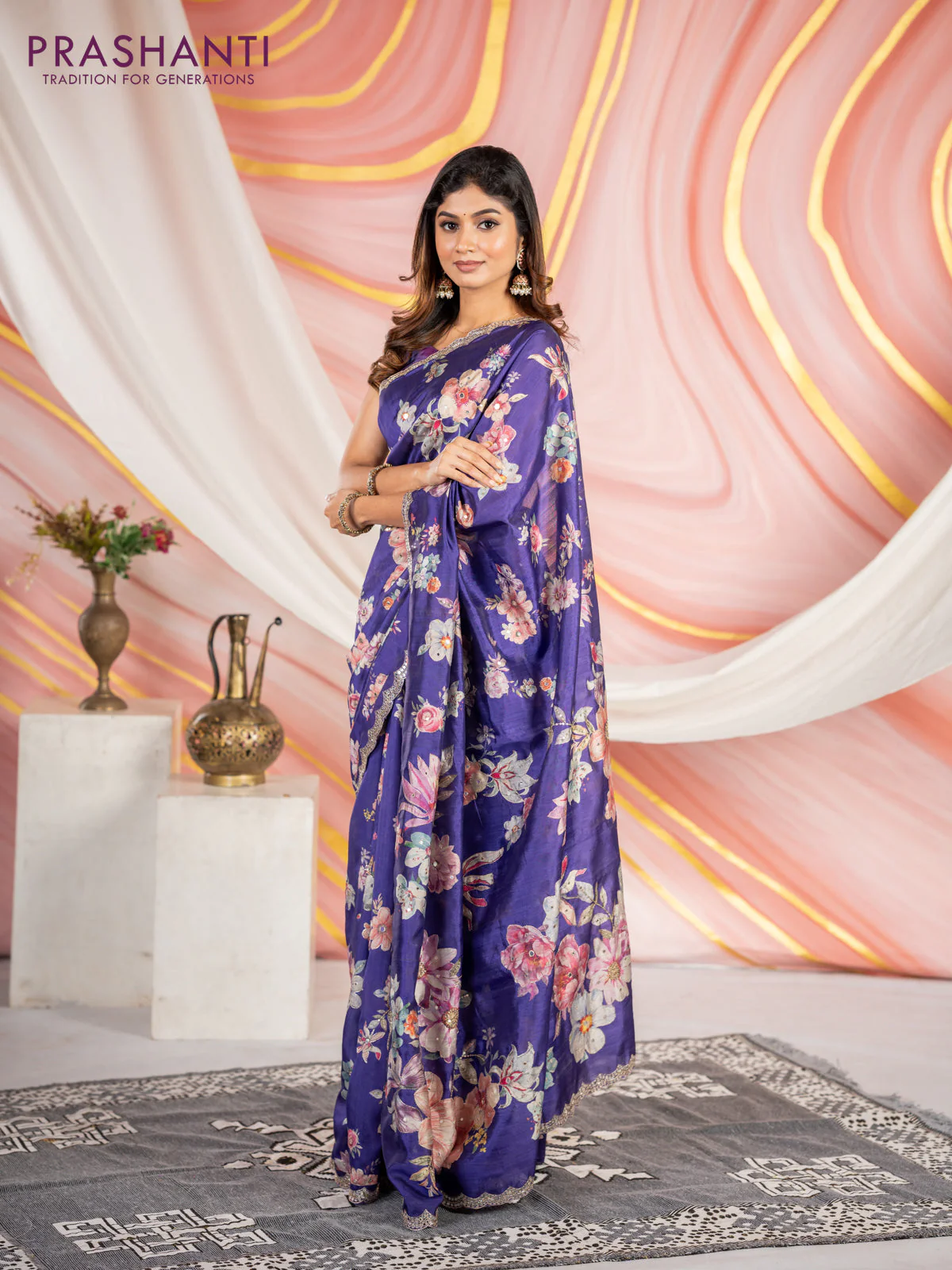 Semi tussar saree violet with allover floral prints & mirror sequin work and mirror work border - Image 2
