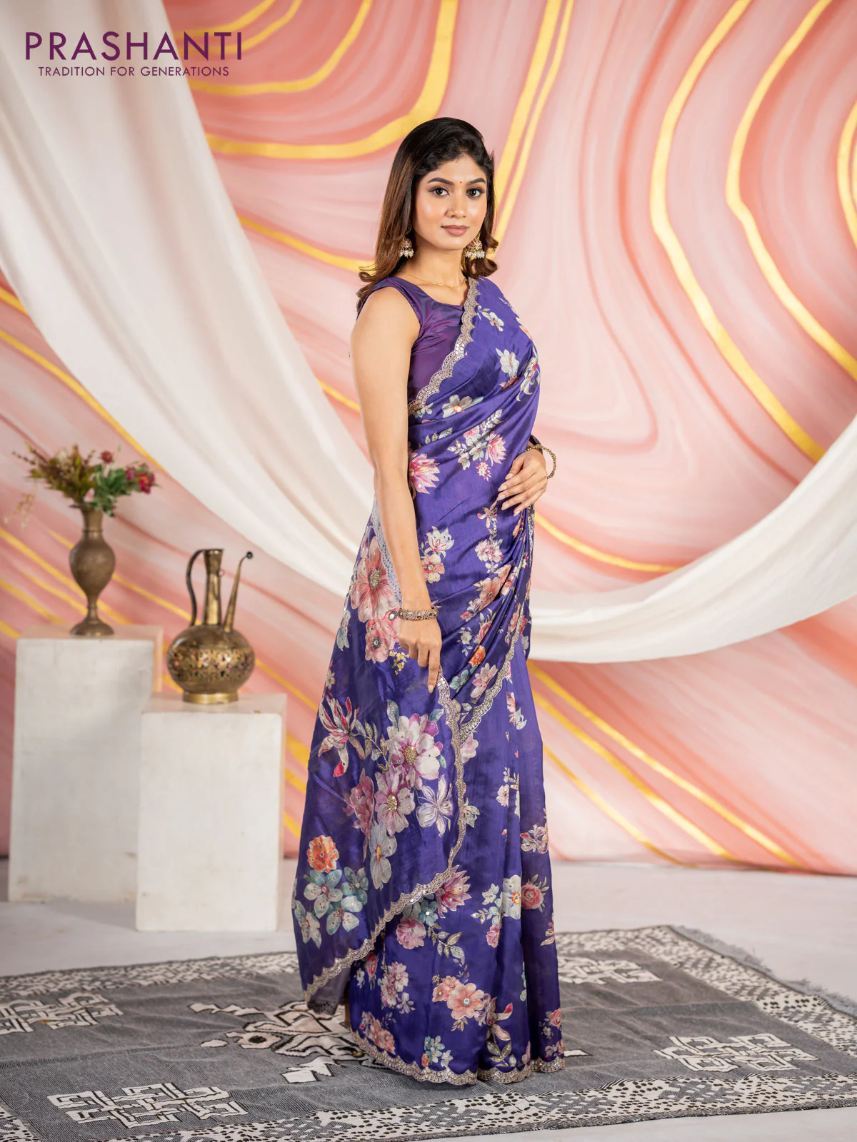 Semi tussar saree violet with allover floral prints & mirror sequin work and mirror work border - Image 3