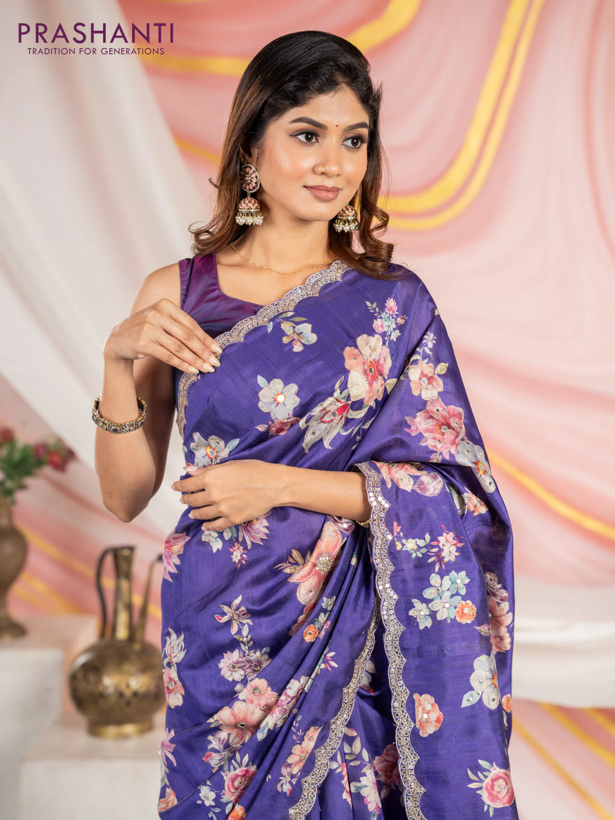 Semi tussar saree violet with allover floral prints & mirror sequin work and mirror work border - Image 4