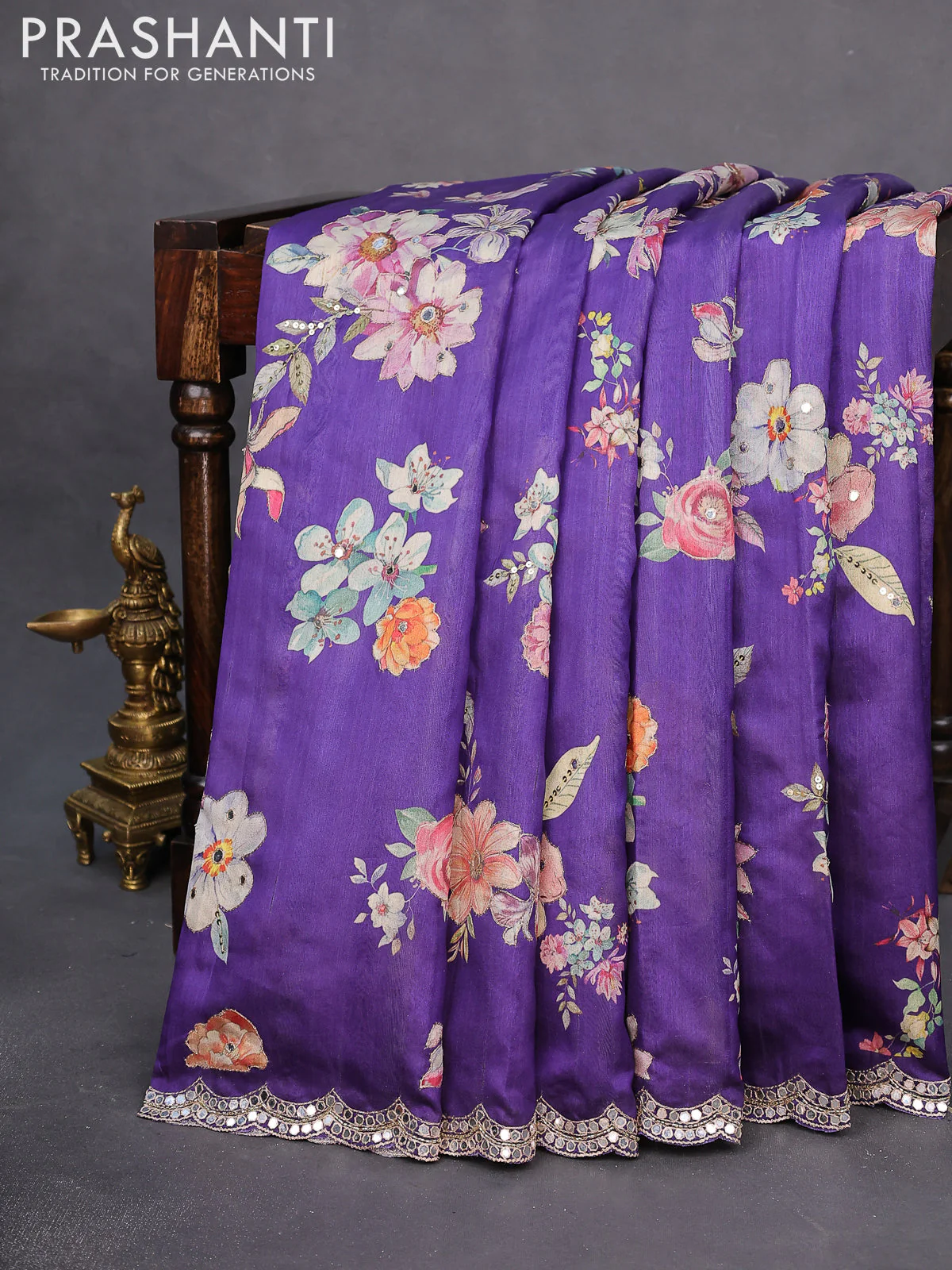 Semi tussar saree violet with allover floral prints & mirror sequin work and mirror work border - Image 6