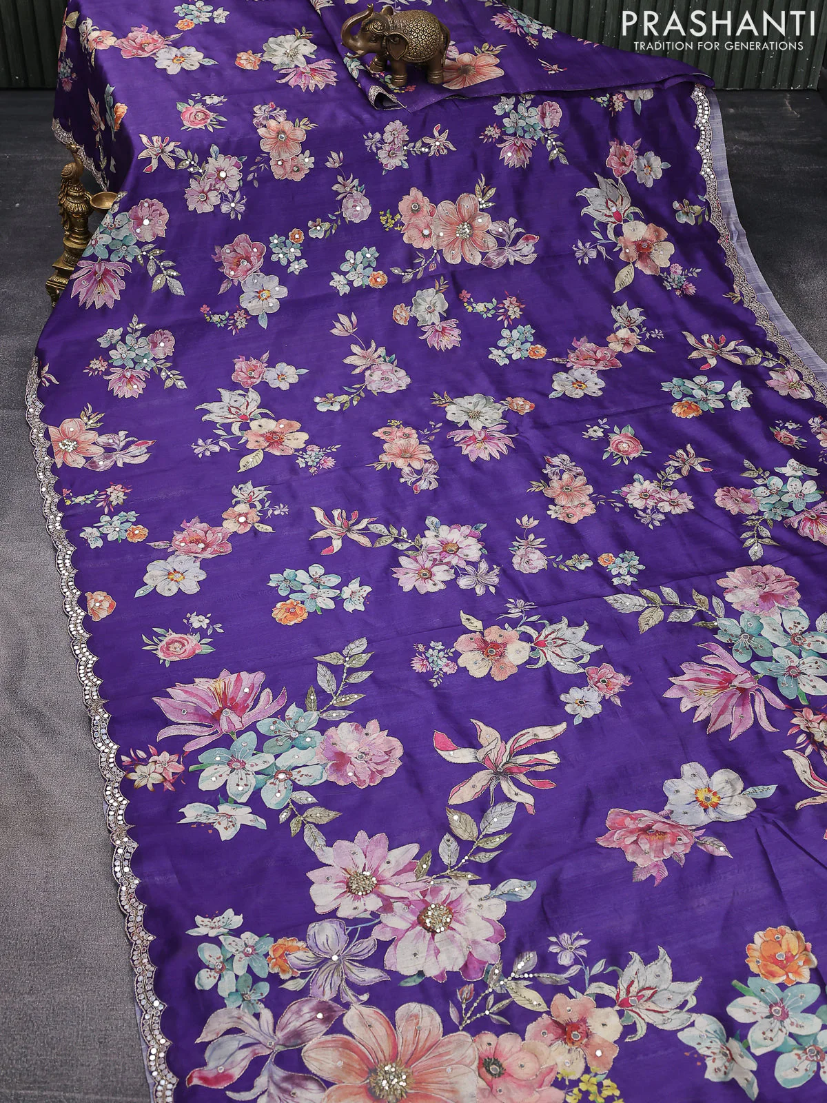 Semi tussar saree violet with allover floral prints & mirror sequin work and mirror work border - Image 7
