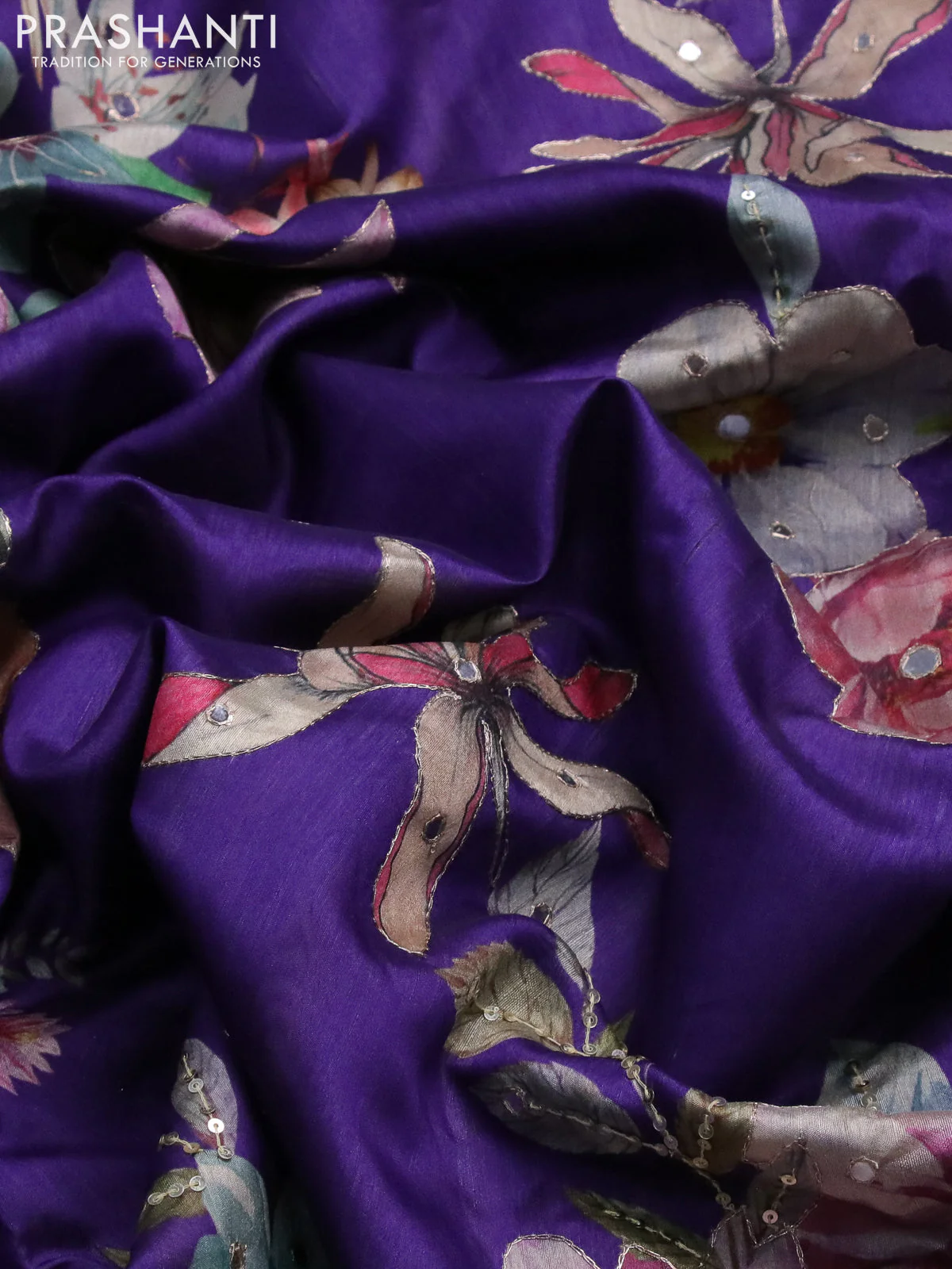 Semi tussar saree violet with allover floral prints & mirror sequin work and mirror work border - Image 8
