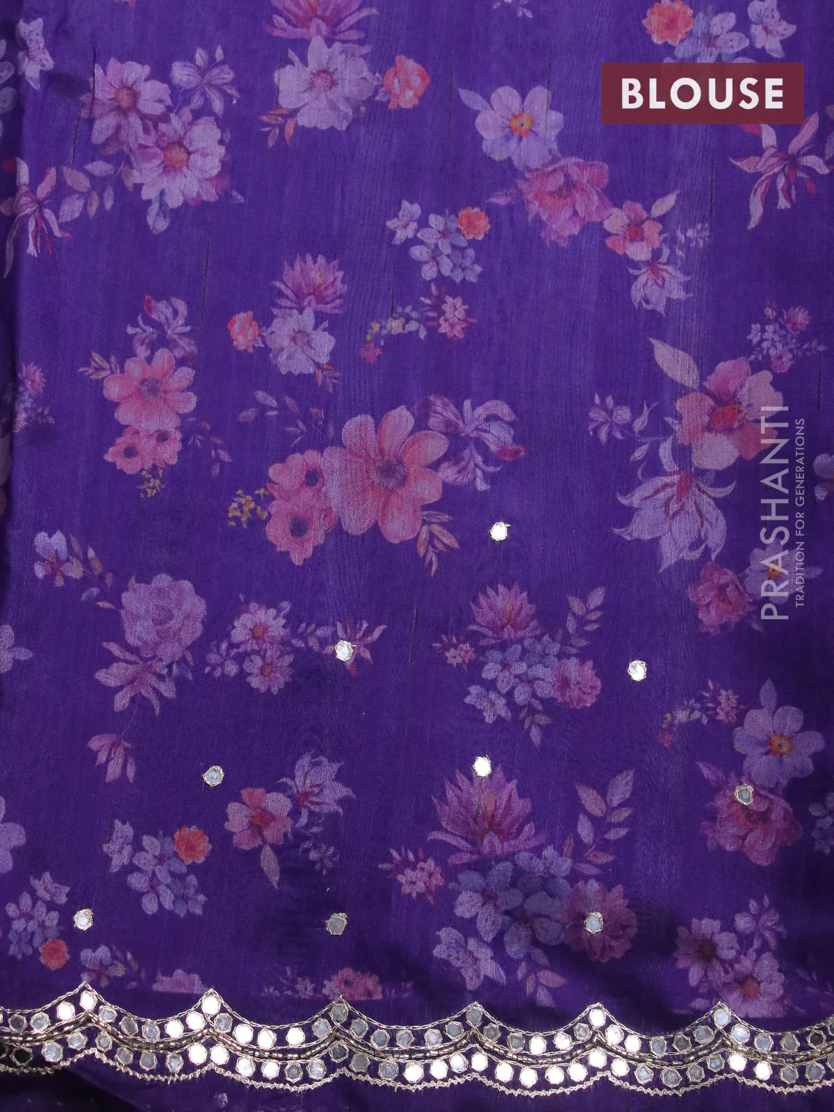 Semi tussar saree violet with allover floral prints & mirror sequin work and mirror work border - Image 9