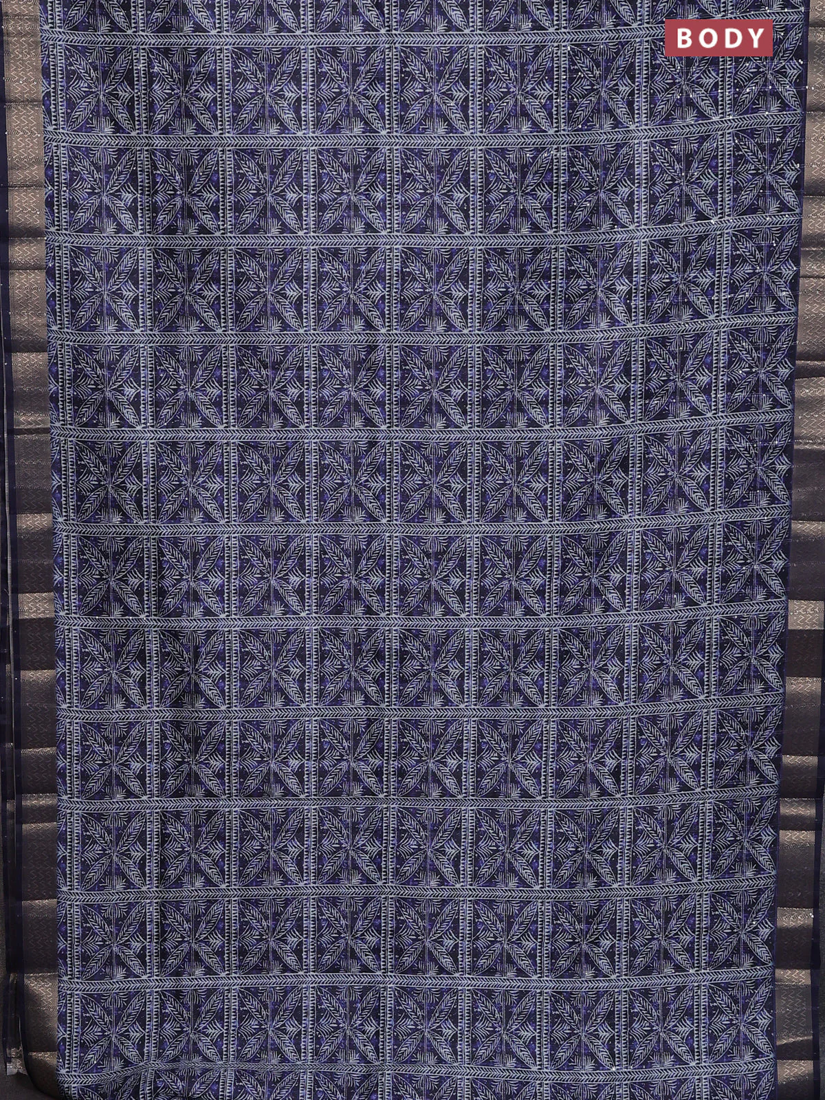 Semi tussar saree violet with allover leaf prints & sequin work and zari woven border - Image 2