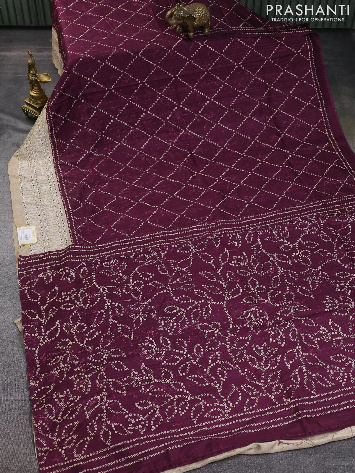 Semi tussar saree wine shade and beige with allover bandhani prints and embroidery cut work border - Image 2