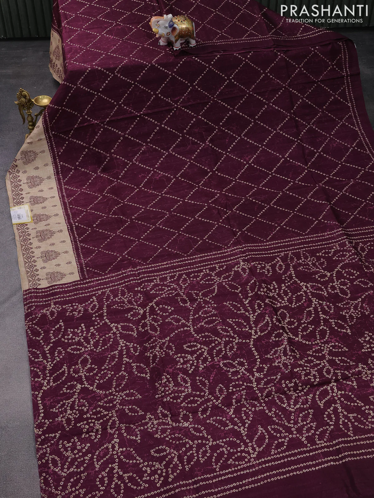 Semi tussar saree wine shade and beige with allover bandhani prints and embroidery work border - Image 2