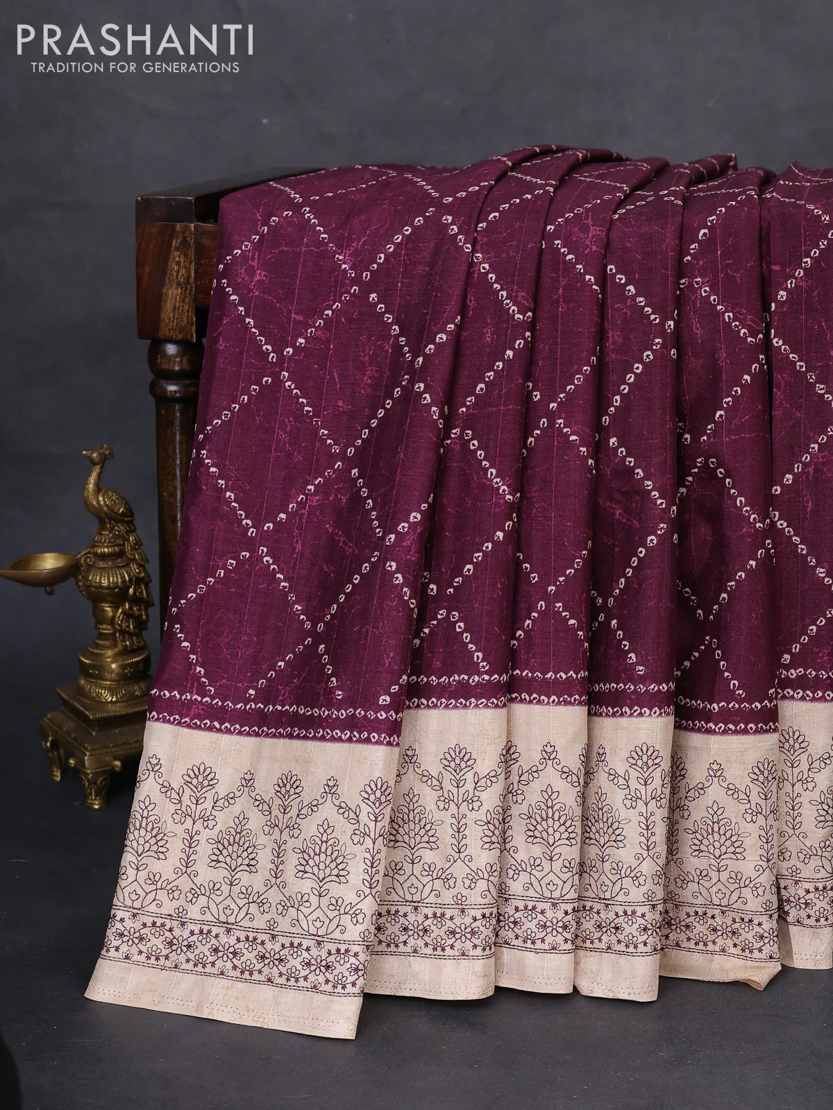 Semi tussar saree wine shade and beige with allover bandhani prints and embroidery work border
