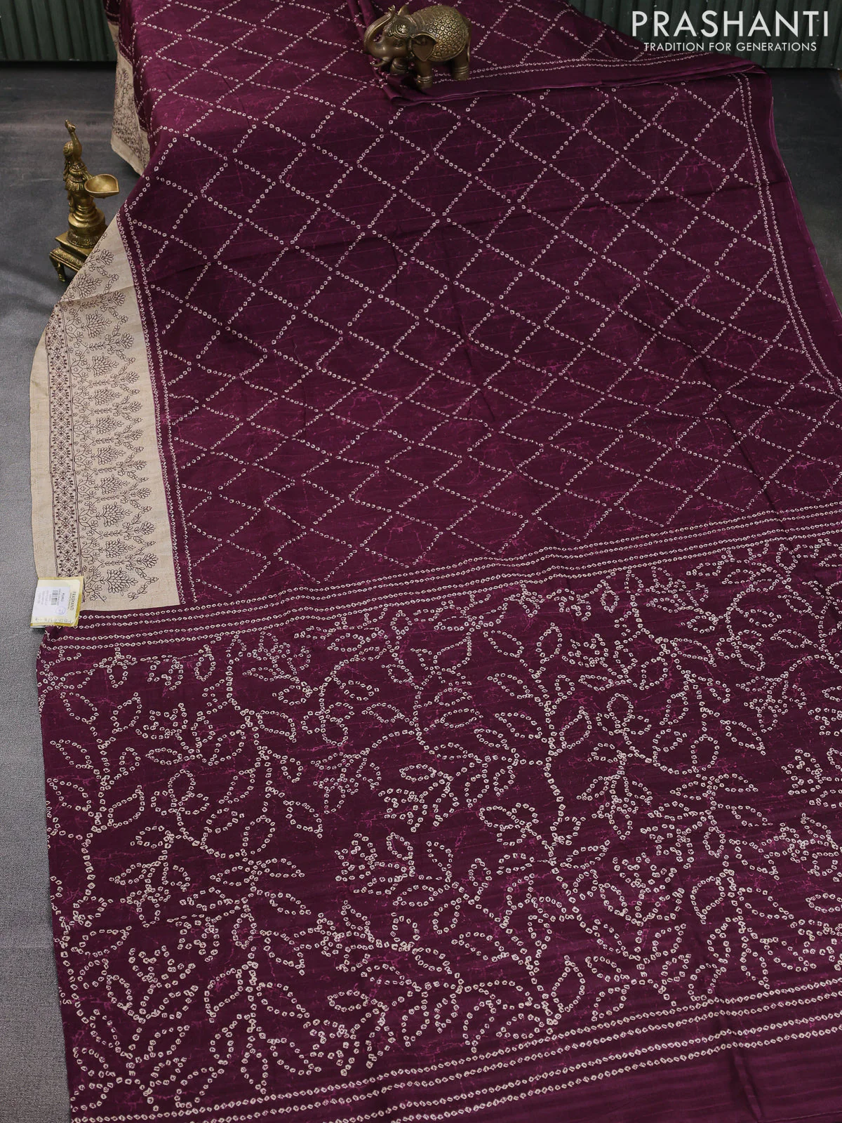 Semi tussar saree wine shade and beige with allover bandhani prints and embroidery work border - Image 2