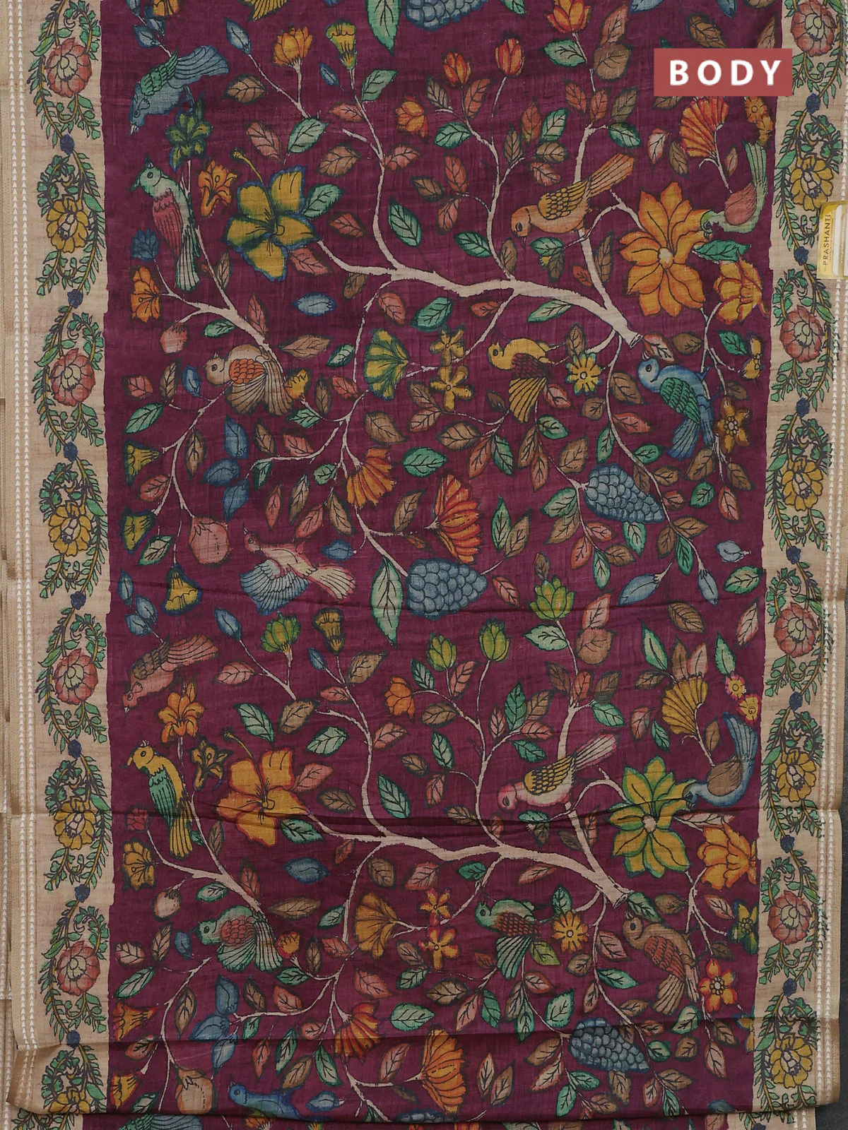 Semi tussar saree wine shade and beige with allover kalamkari prints and printed border - Image 2