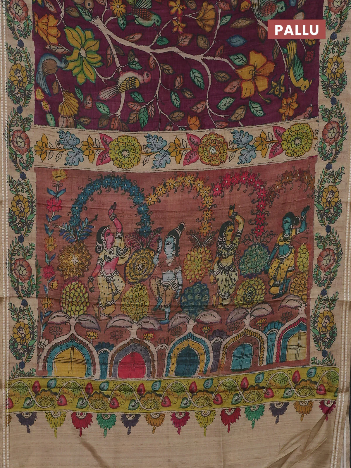 Semi tussar saree wine shade and beige with allover kalamkari prints and printed border - Image 3