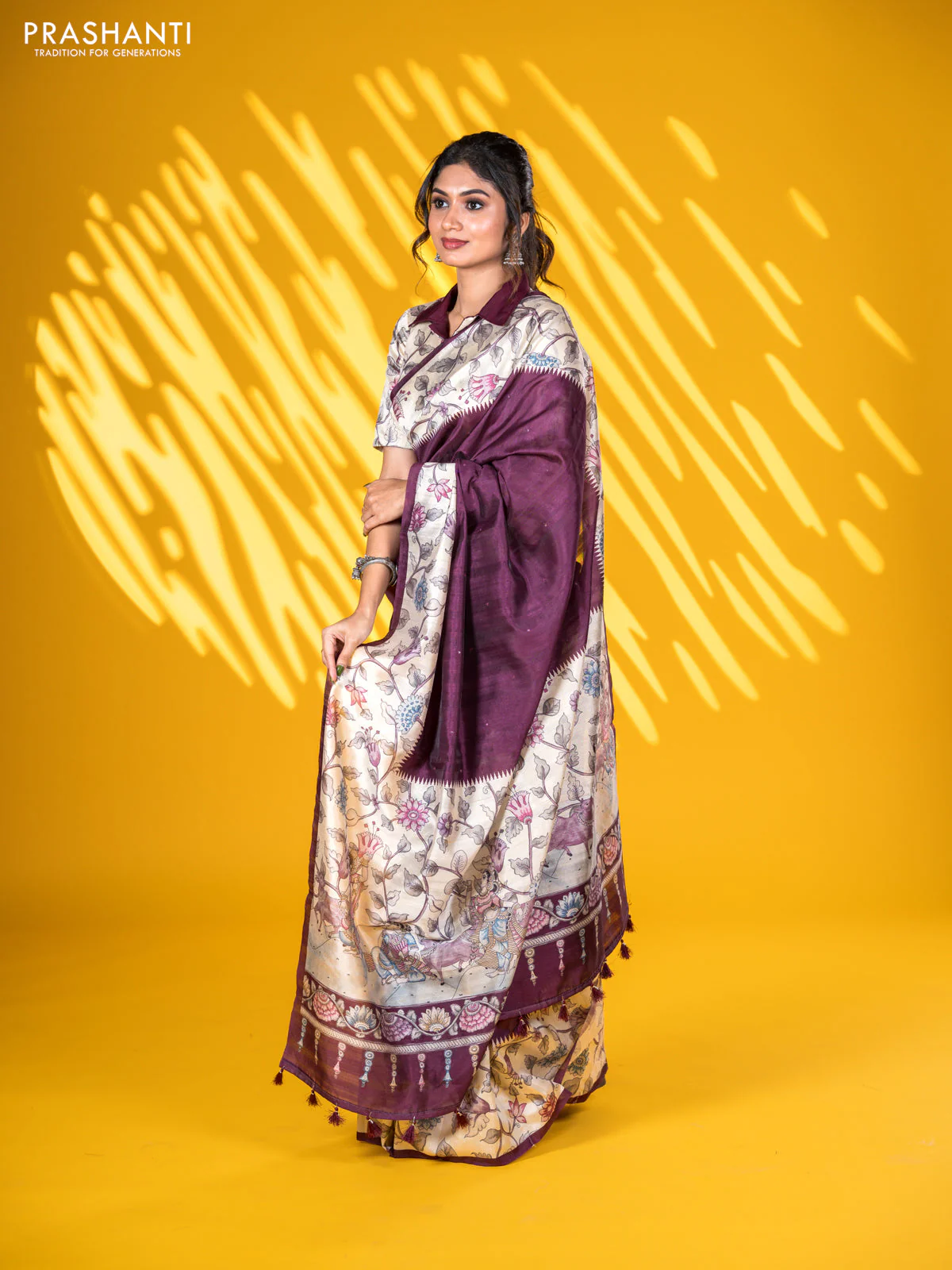Semi tussar saree wine shade and cream with allover mirror work and kalamkari printed border - Image 2