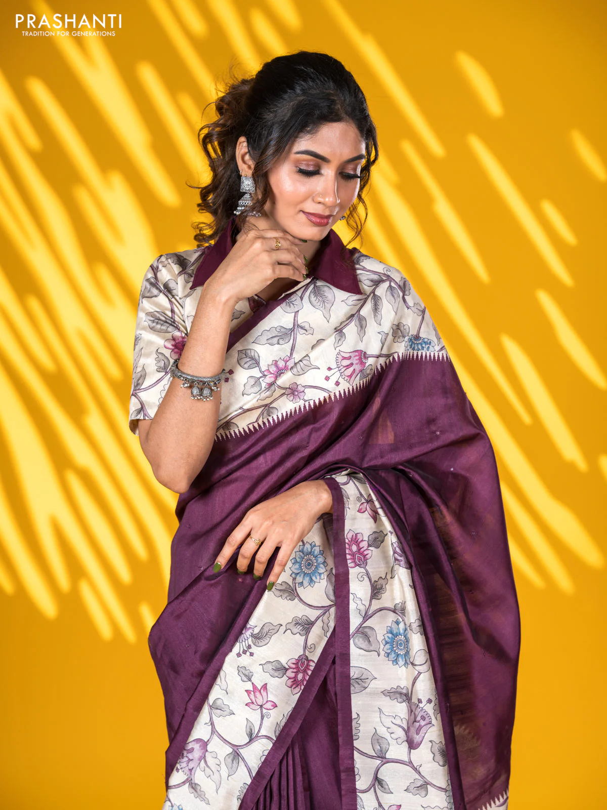 Semi tussar saree wine shade and cream with allover mirror work and kalamkari printed border - Image 3