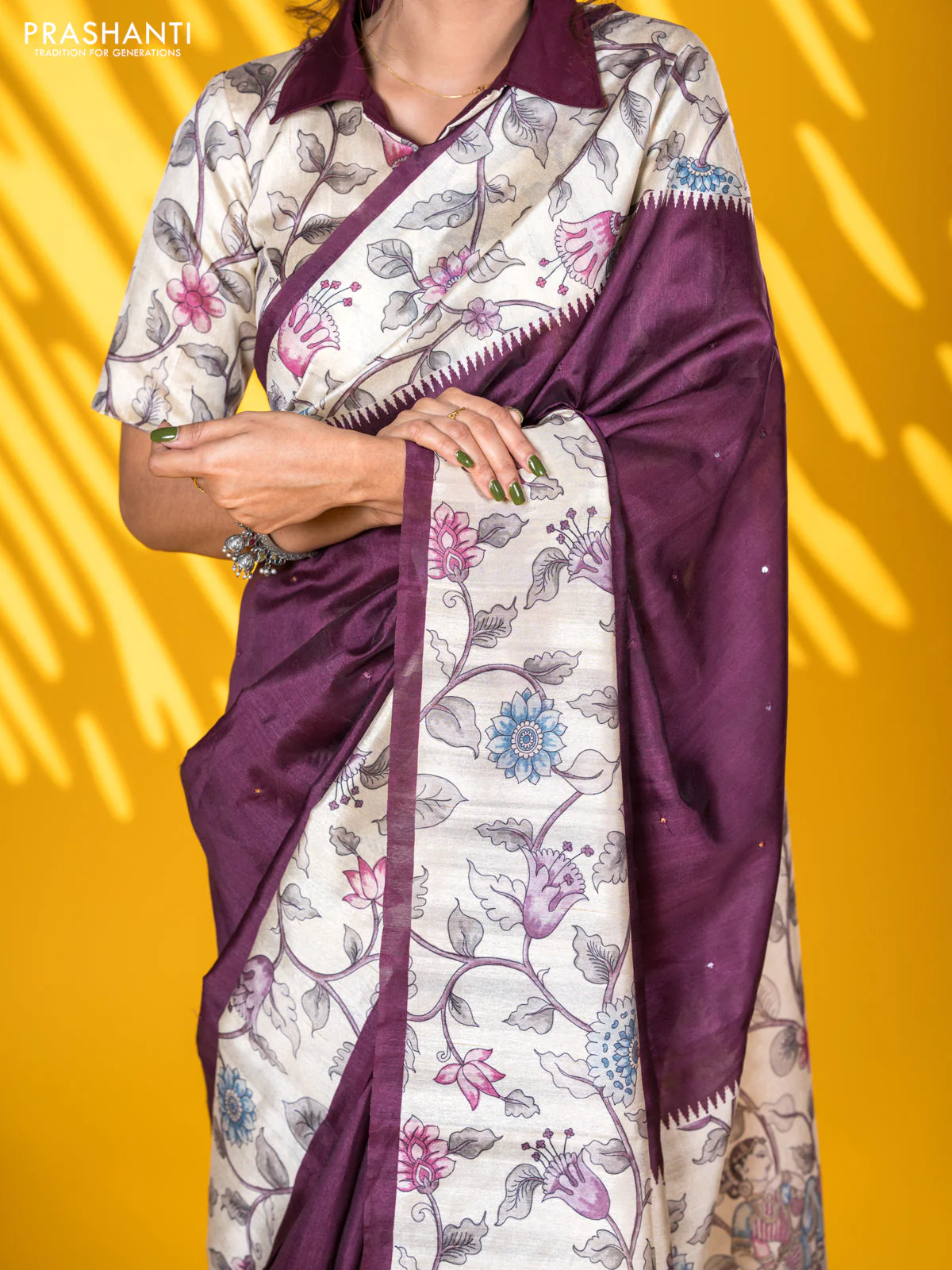Semi tussar saree wine shade and cream with allover mirror work and kalamkari printed border - Image 4