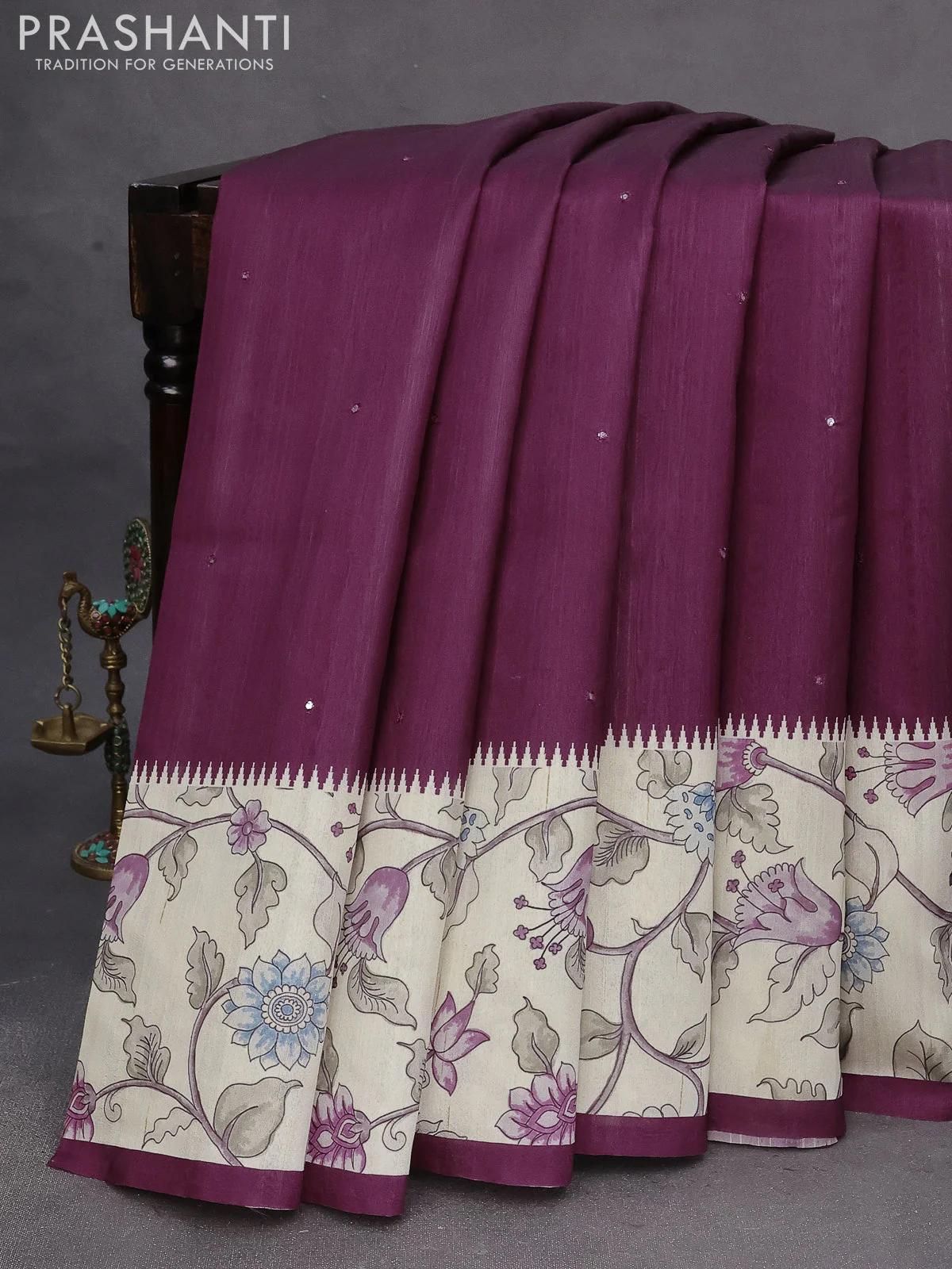 Semi tussar saree wine shade and cream with allover mirror work and kalamkari printed border - Image 6
