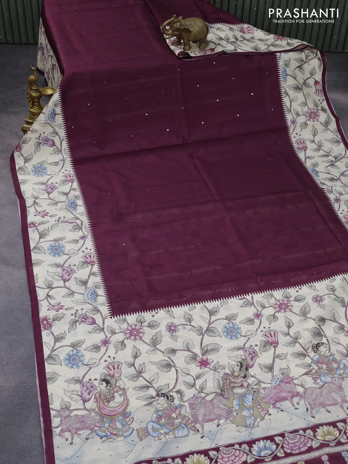 Semi tussar saree wine shade and cream with allover mirror work and kalamkari printed border - Image 7