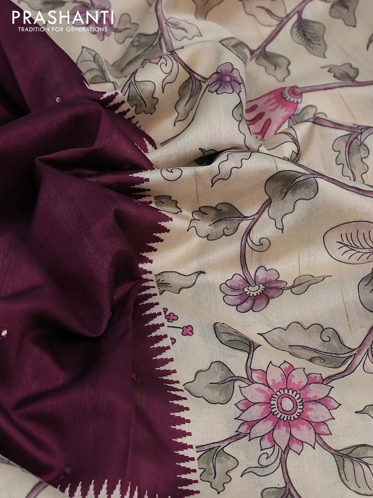 Semi tussar saree wine shade and cream with allover mirror work and kalamkari printed border - Image 8