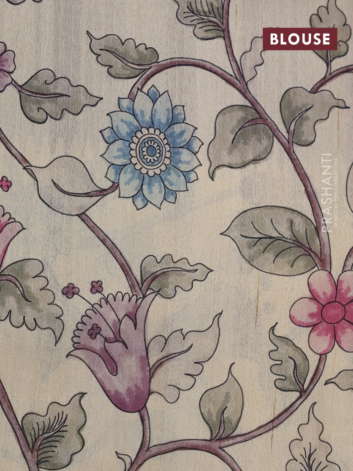 Semi tussar saree wine shade and cream with allover mirror work and kalamkari printed border - Image 9