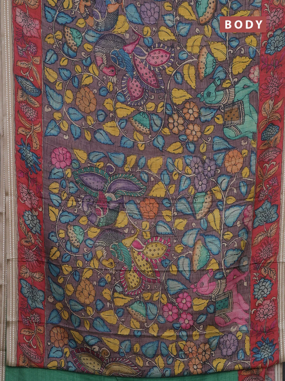 Semi tussar saree wine shade and red with allover kalamkari prints and printed border - Image 2