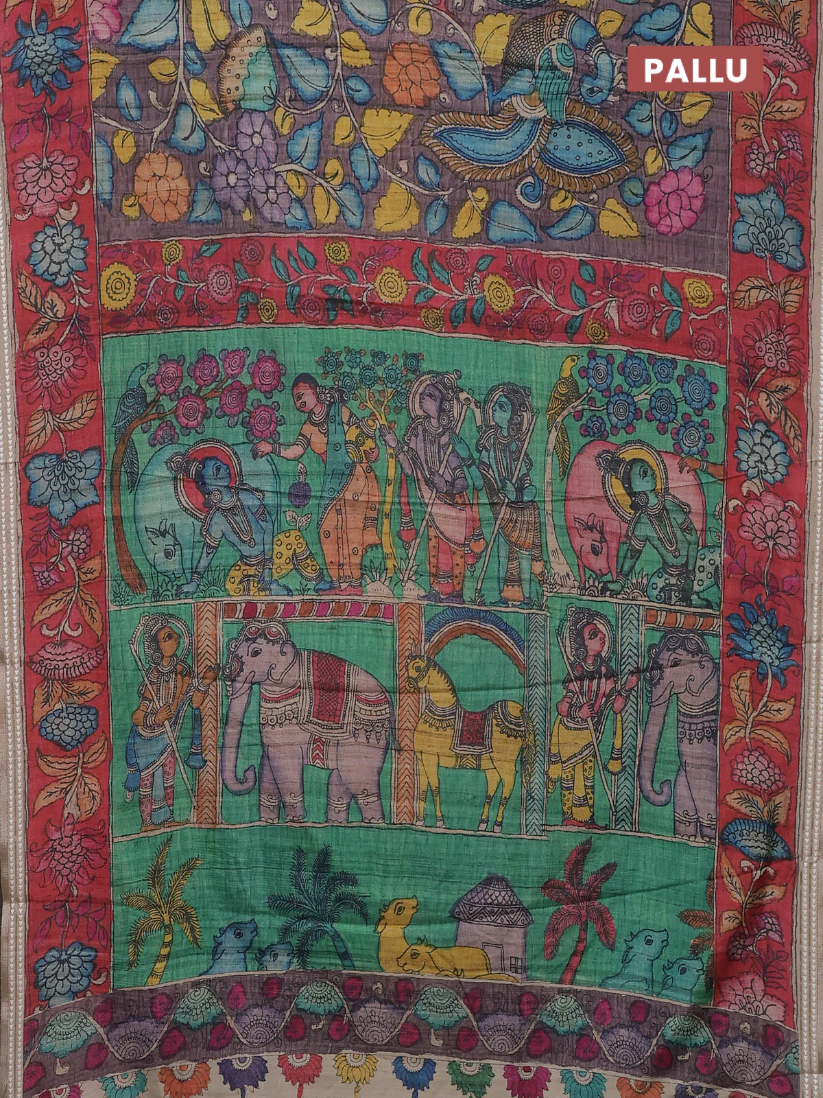 Semi tussar saree wine shade and red with allover kalamkari prints and printed border - Image 3