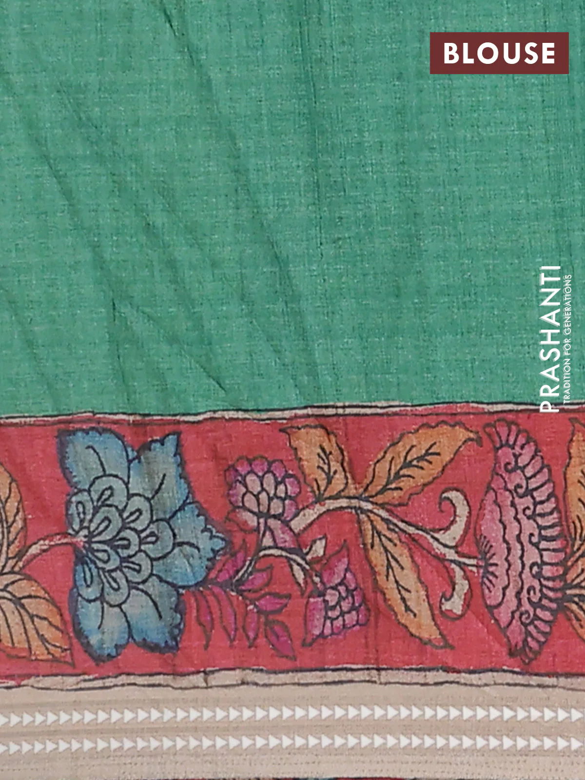 Semi tussar saree wine shade and red with allover kalamkari prints and printed border - Image 4