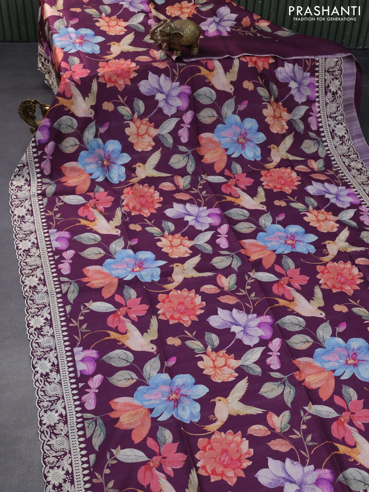Semi tussar saree wine shade with allover digital prints and chikankari work border - Image 2