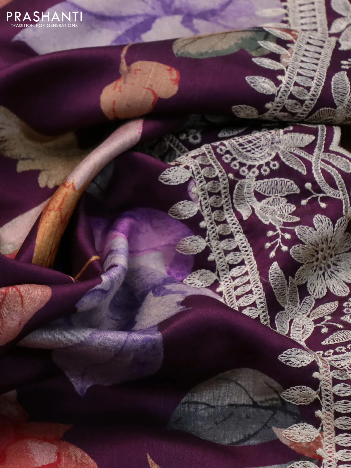 Semi tussar saree wine shade with allover digital prints and chikankari work border - Image 3
