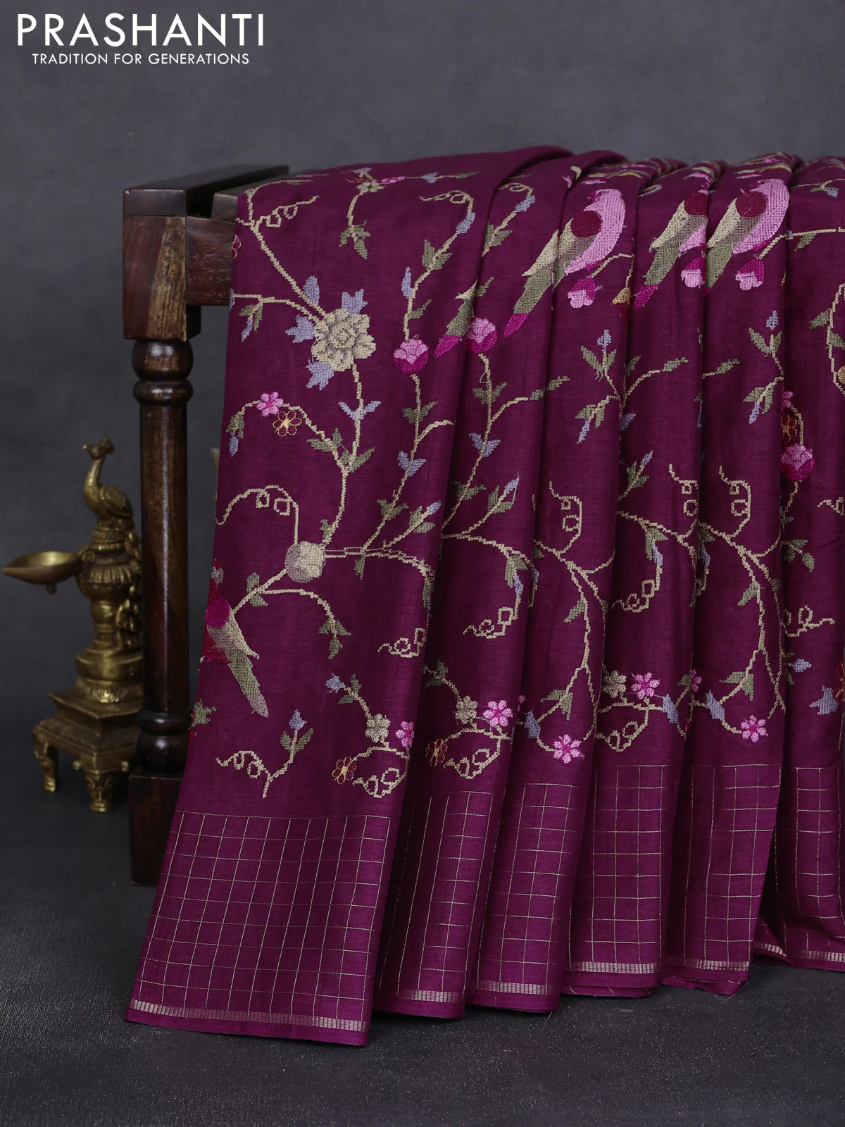 Semi tussar saree wine shade with allover embroidery design and zari woven border - Image 2