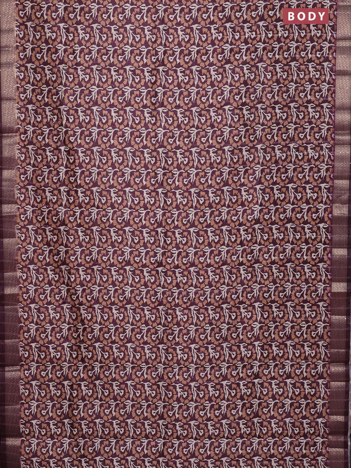 Semi tussar saree wine shade with allover floral prints & sequin work and zari woven border - Image 2