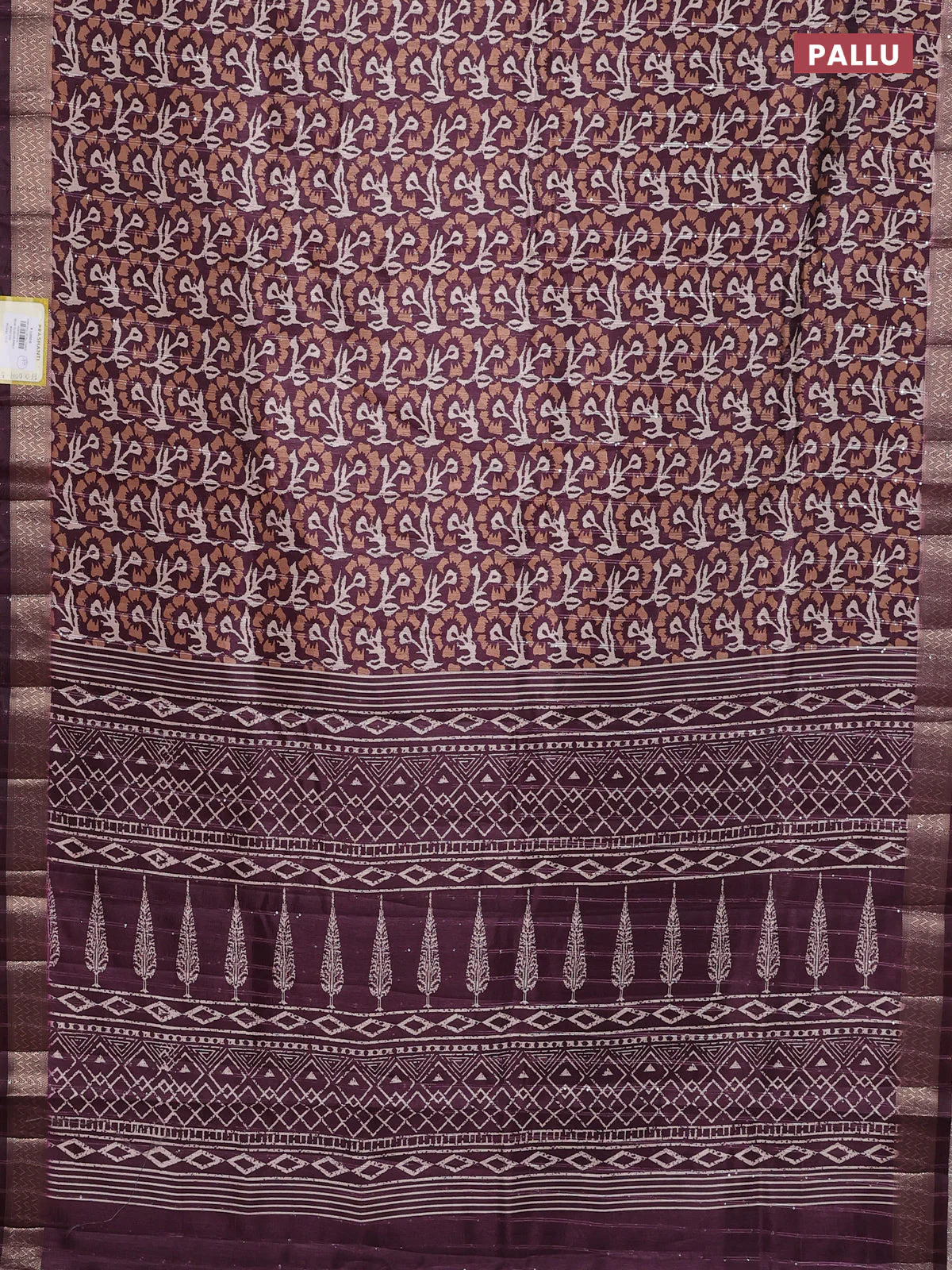 Semi tussar saree wine shade with allover floral prints & sequin work and zari woven border - Image 3