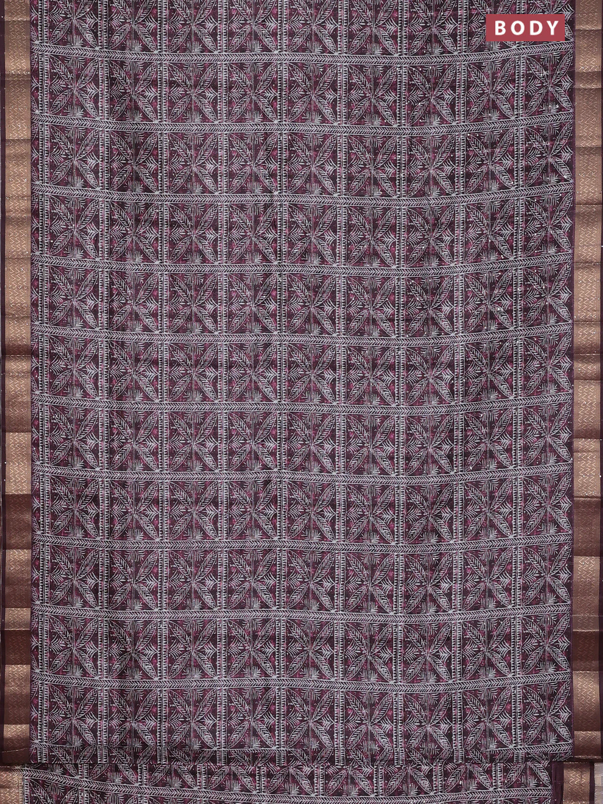 Semi tussar saree wine shade with allover leaf prints & sequin work and zari woven border - Image 2