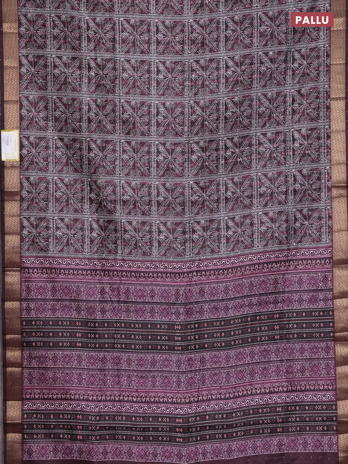 Semi tussar saree wine shade with allover leaf prints & sequin work and zari woven border - Image 3