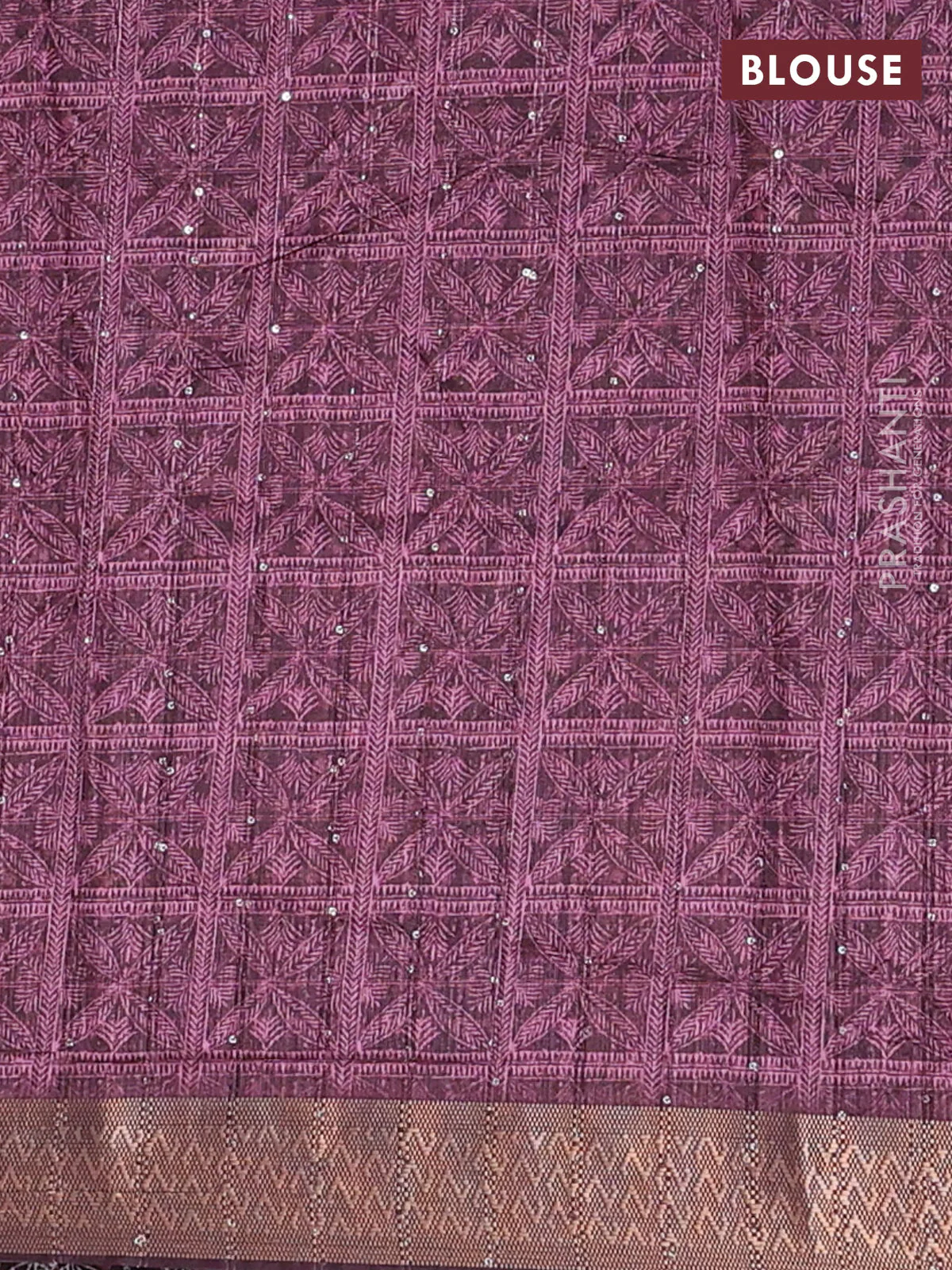 Semi tussar saree wine shade with allover leaf prints & sequin work and zari woven border - Image 4