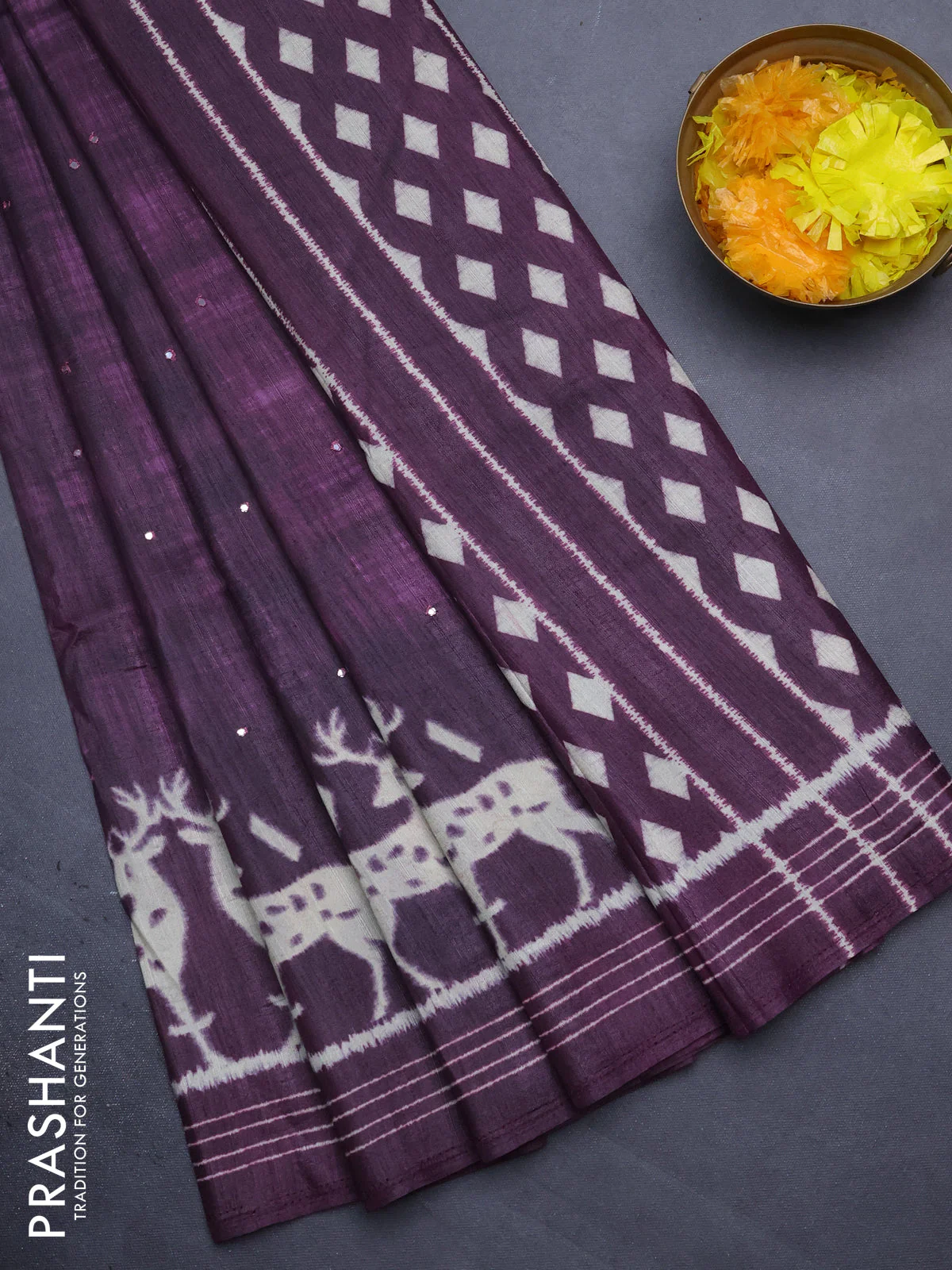 Semi tussar saree wine shade with allover mirror work and printed border - Image 2