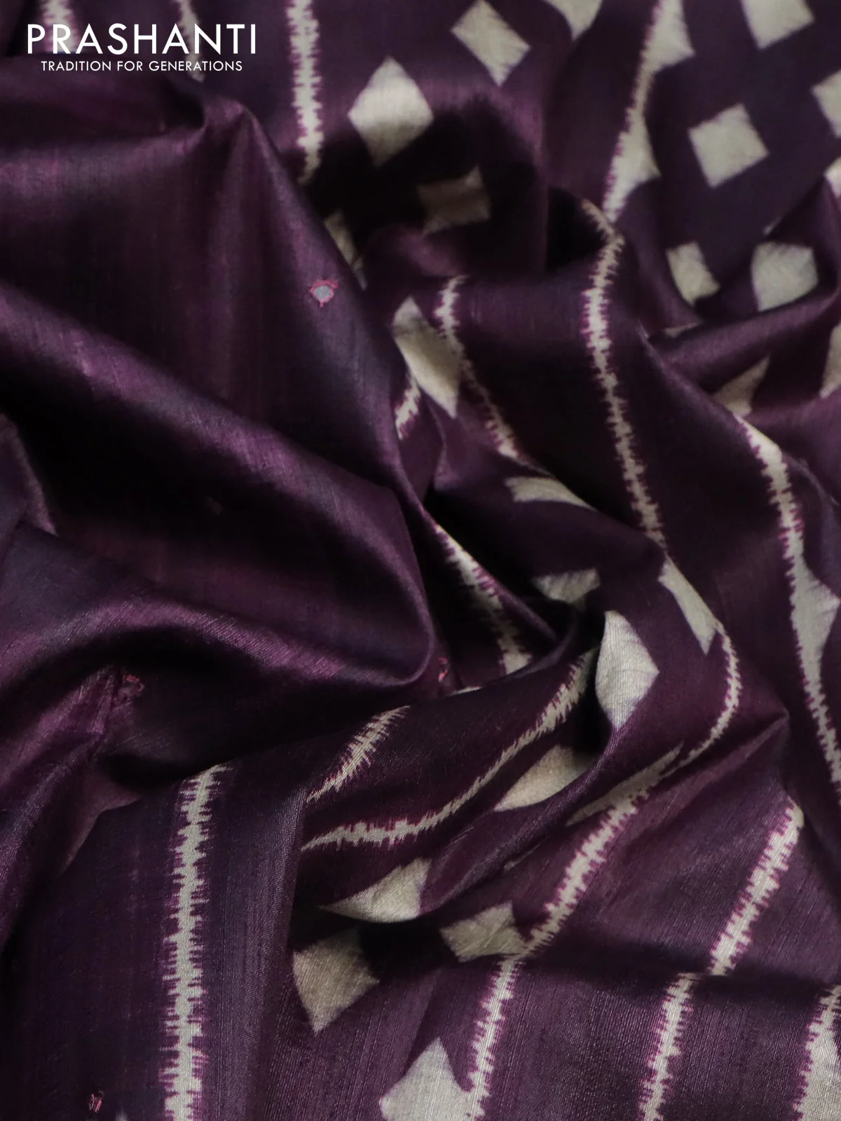 Semi tussar saree wine shade with allover mirror work and printed border - Image 3