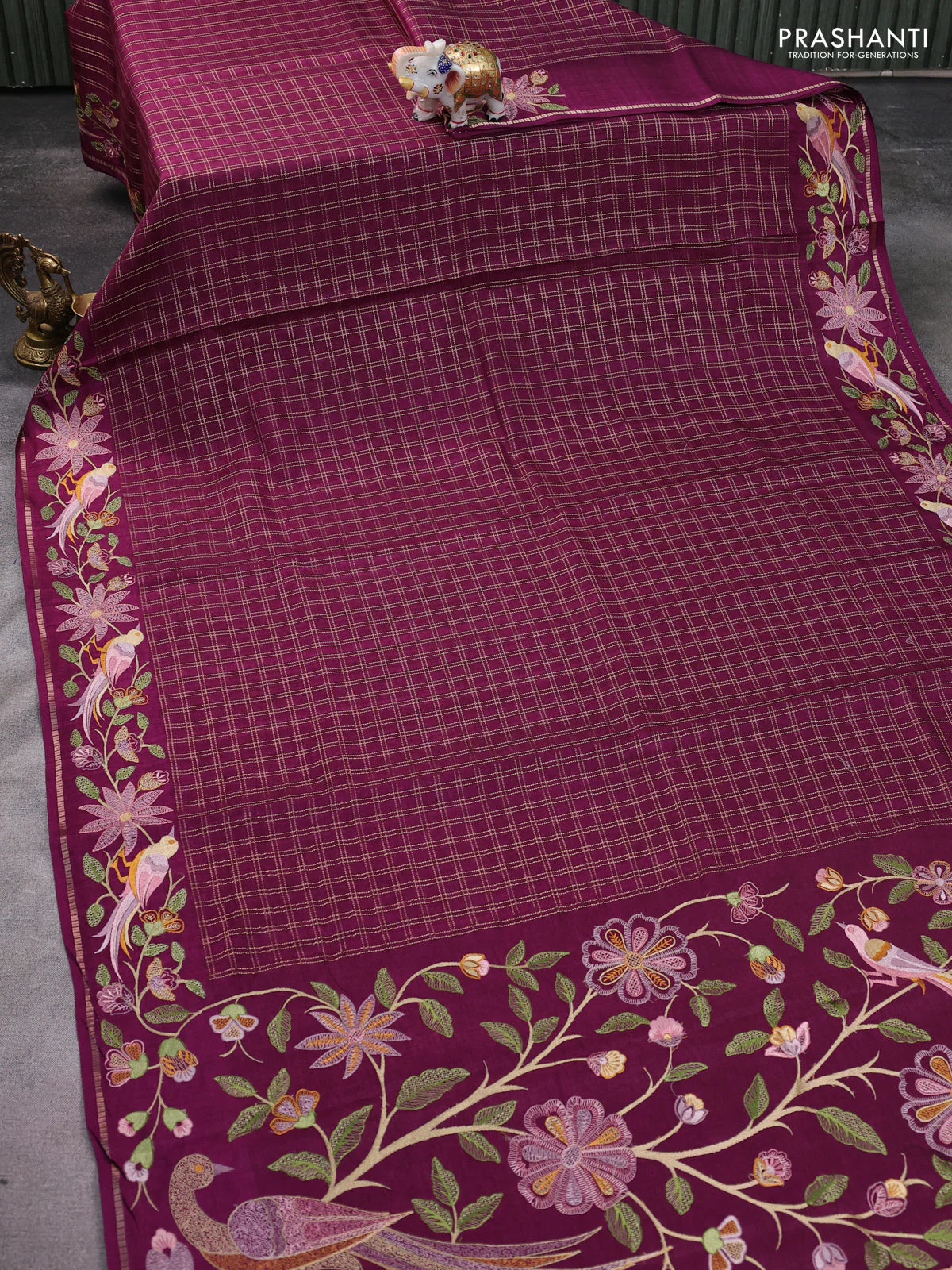 Semi tussar saree wine shade with allover zari checked pattern and embroidery border - Image 2