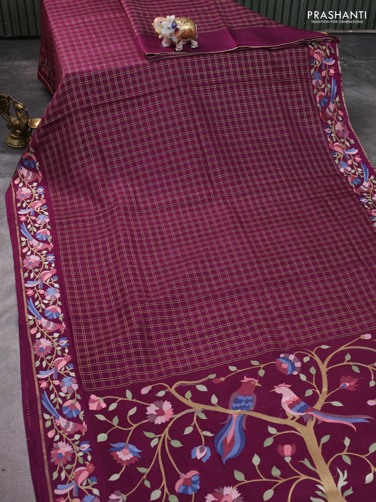 Semi tussar saree wine shade with allover zari checked pattern and embroidery border - Image 2